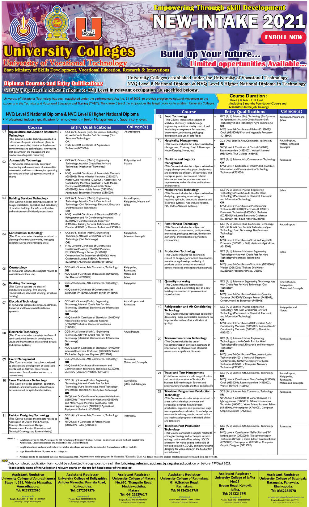 NVQ Level 5 National Diploma & NVQ Level 6 Higher National Diploma - University Colleges - University of Vocational Technology  