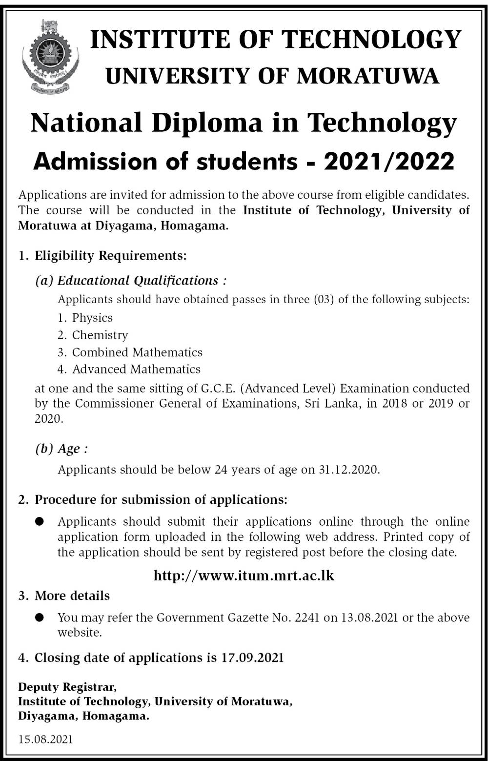 National Diploma in Technology (2021/2022) - Institute of Technology - University of Moratuwa