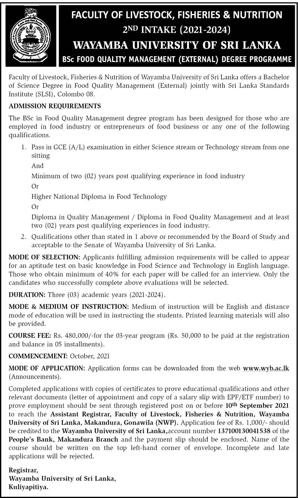 BSc Food Quality Management (External) Degree Programme - Faculty of Livestock, Fisheries & Nutrition - Wayamba University of Sri Lanka