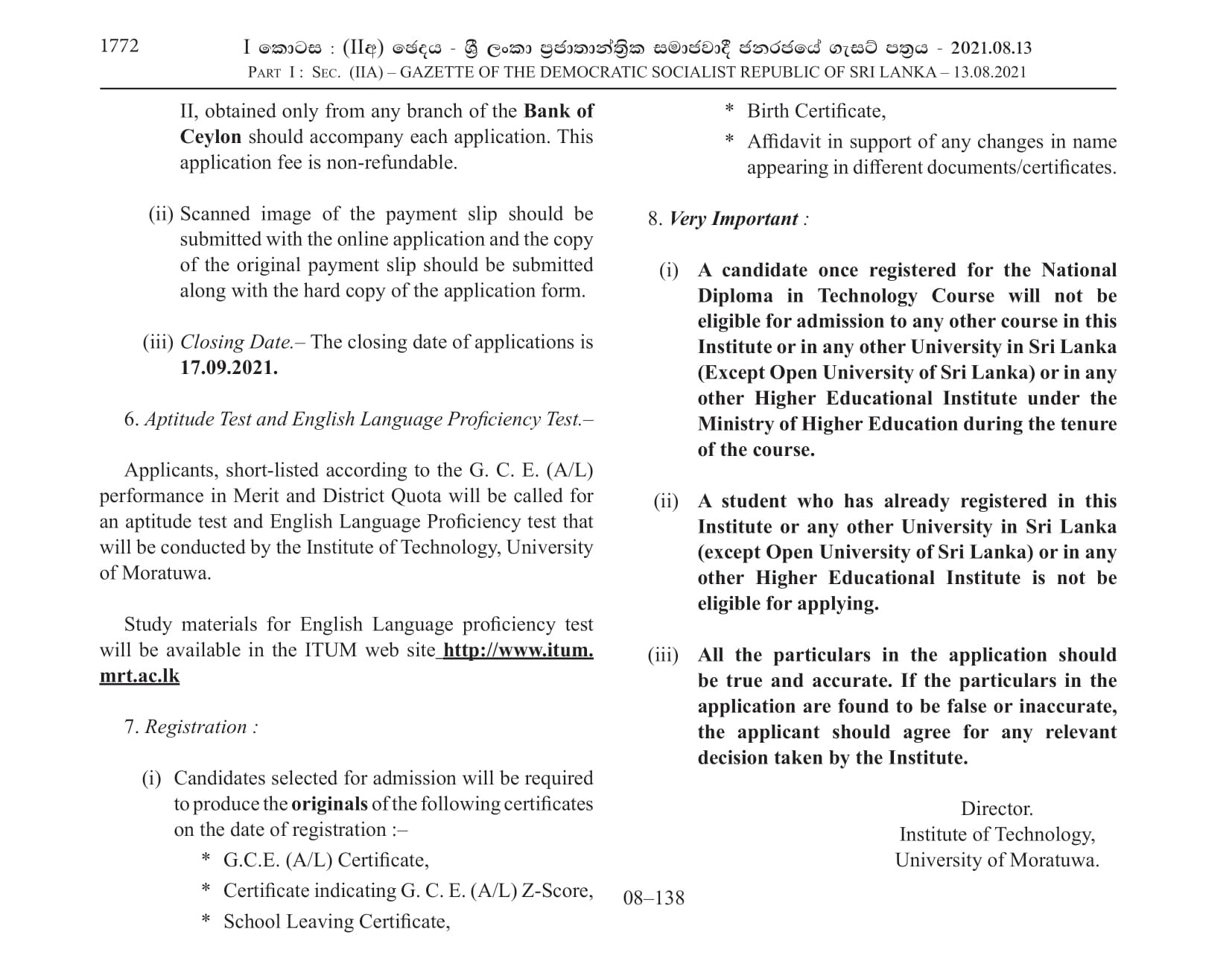 Admission to the National Diploma in Technology Course (2021/2022) - Institute of Technology - University Of Moratuwa