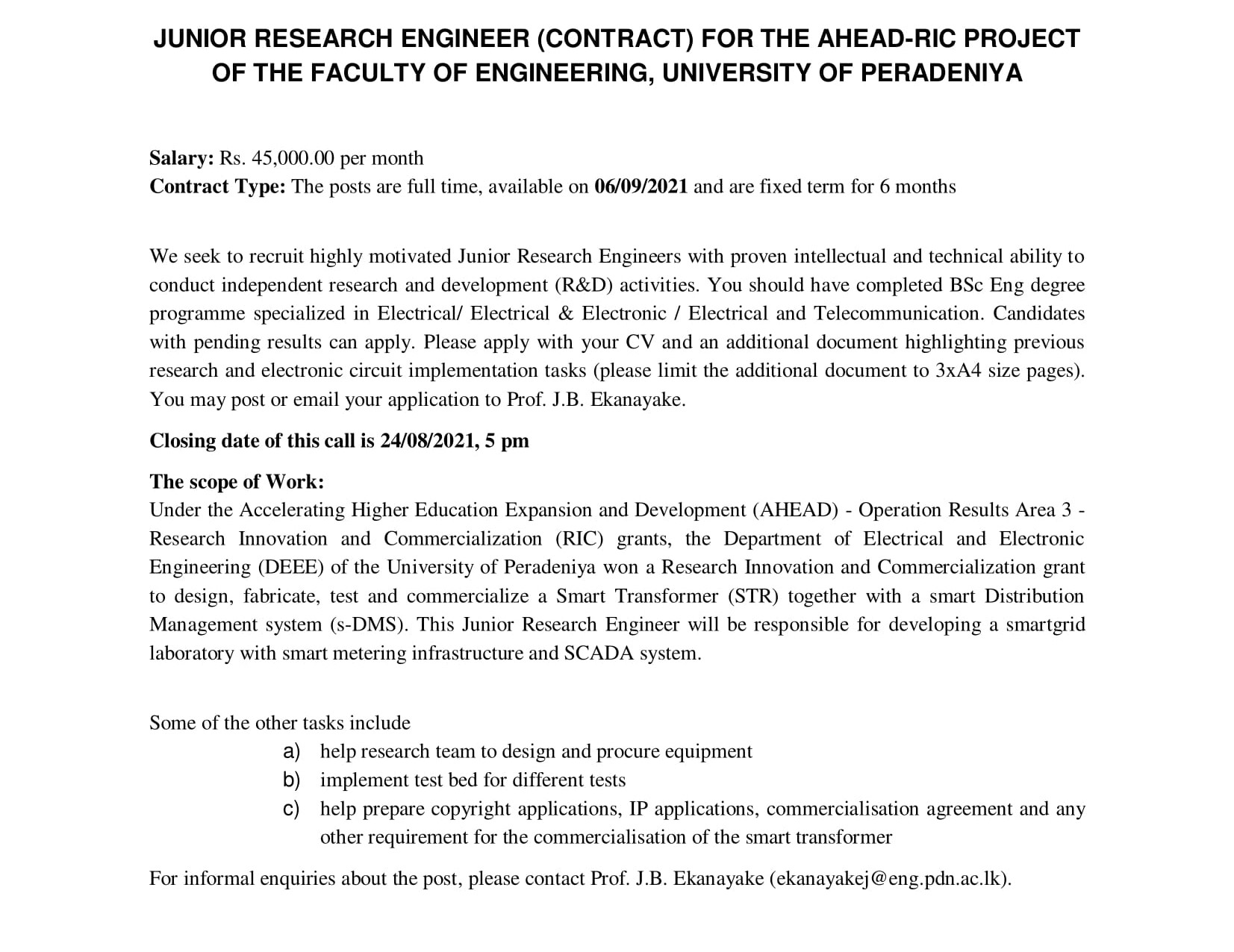 Junior Research Engineer - University of Peradeniya