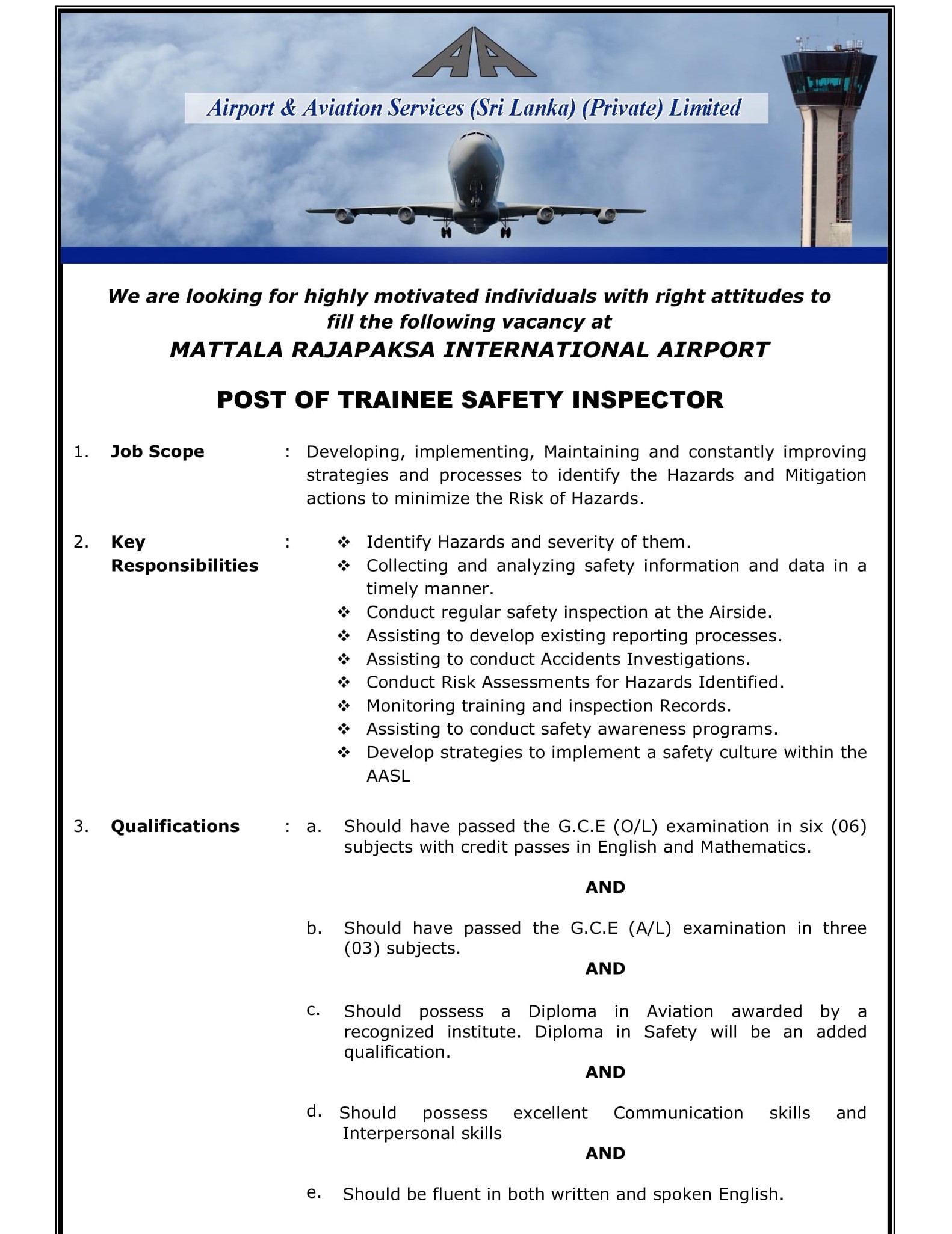 Trainee Safety Inspector - Airport & Aviation Services (Sri Lanka) Ltd