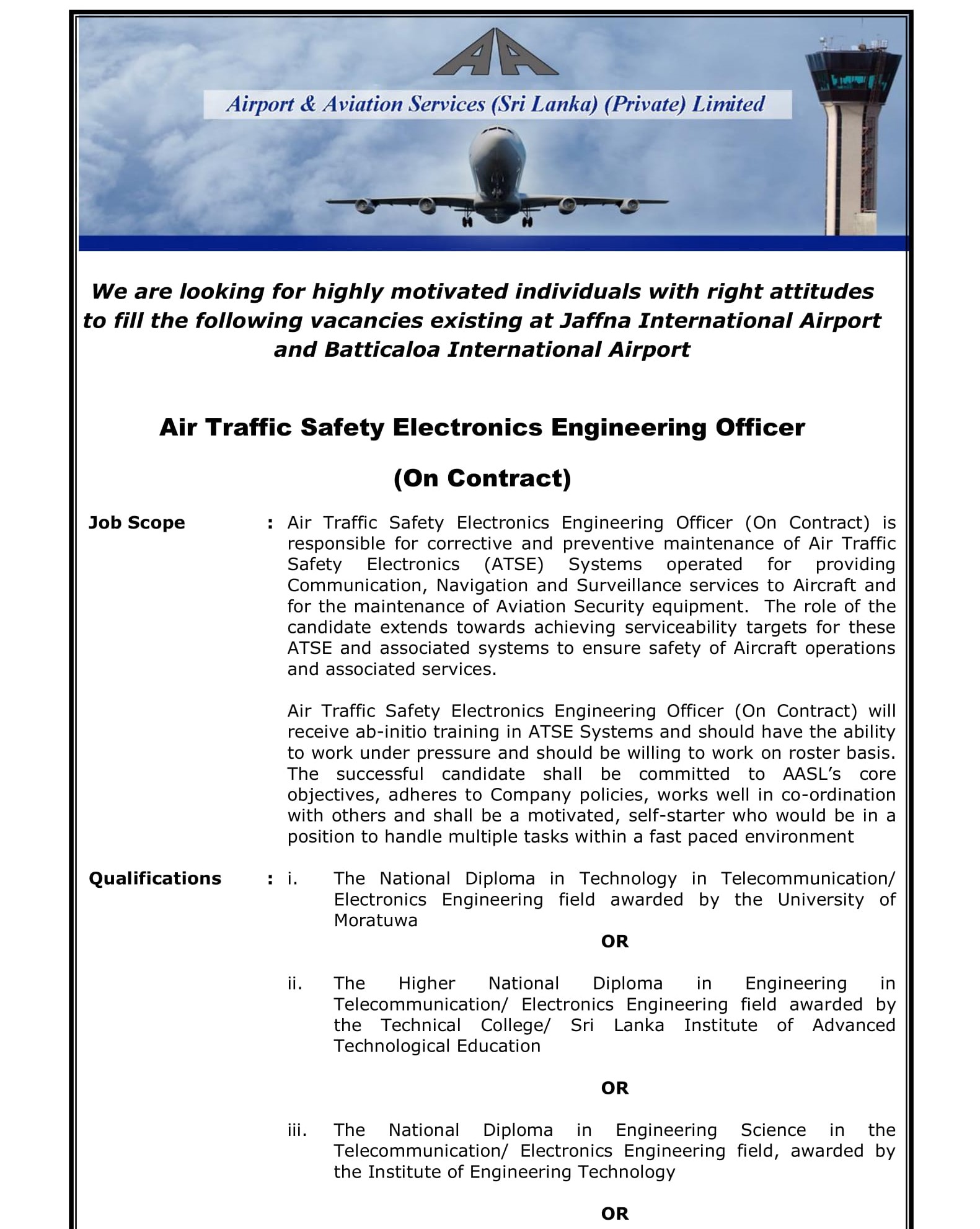 Air Traffic Safety Electronics Engineering Officer - Airport & Aviation Services (Sri Lanka) Ltd