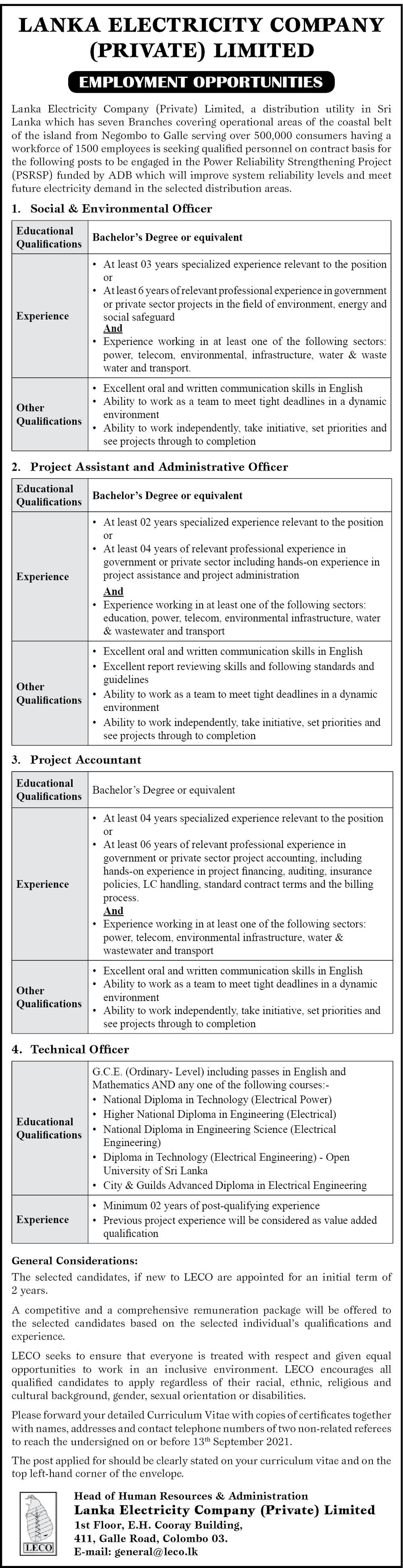 Social & Environment Officer, Project Assistant & Administrative Officer, Project Accountant, Technical Officer - Lanka Electricity Company (Private) Limited 