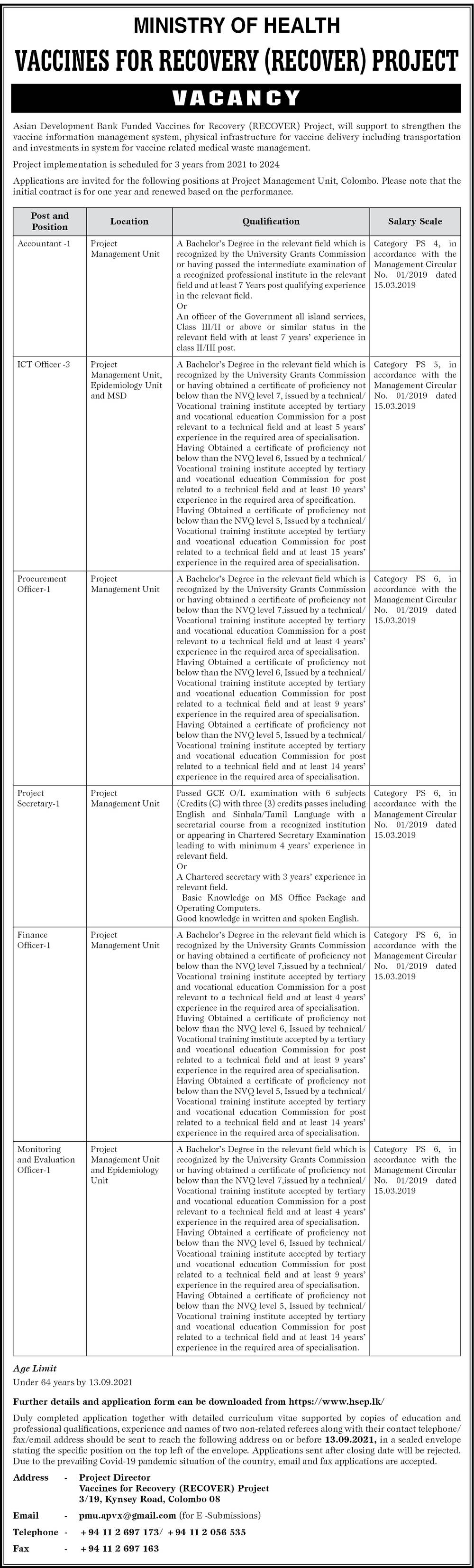 Accountant, ICT Officer, Procurement Officer, Project Secretary, Finance Officer, Monitoring & Evaluation Officer - Ministry of Health