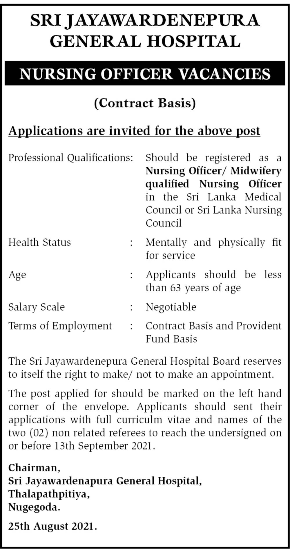 Nursing Officer - Sri Jayewardenepura General Hospital 