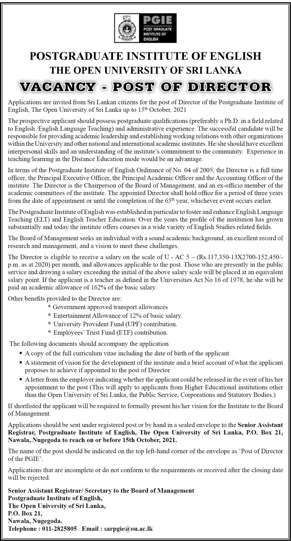 Director - Postgraduate Institute of English - The Open University of Sri Lanka