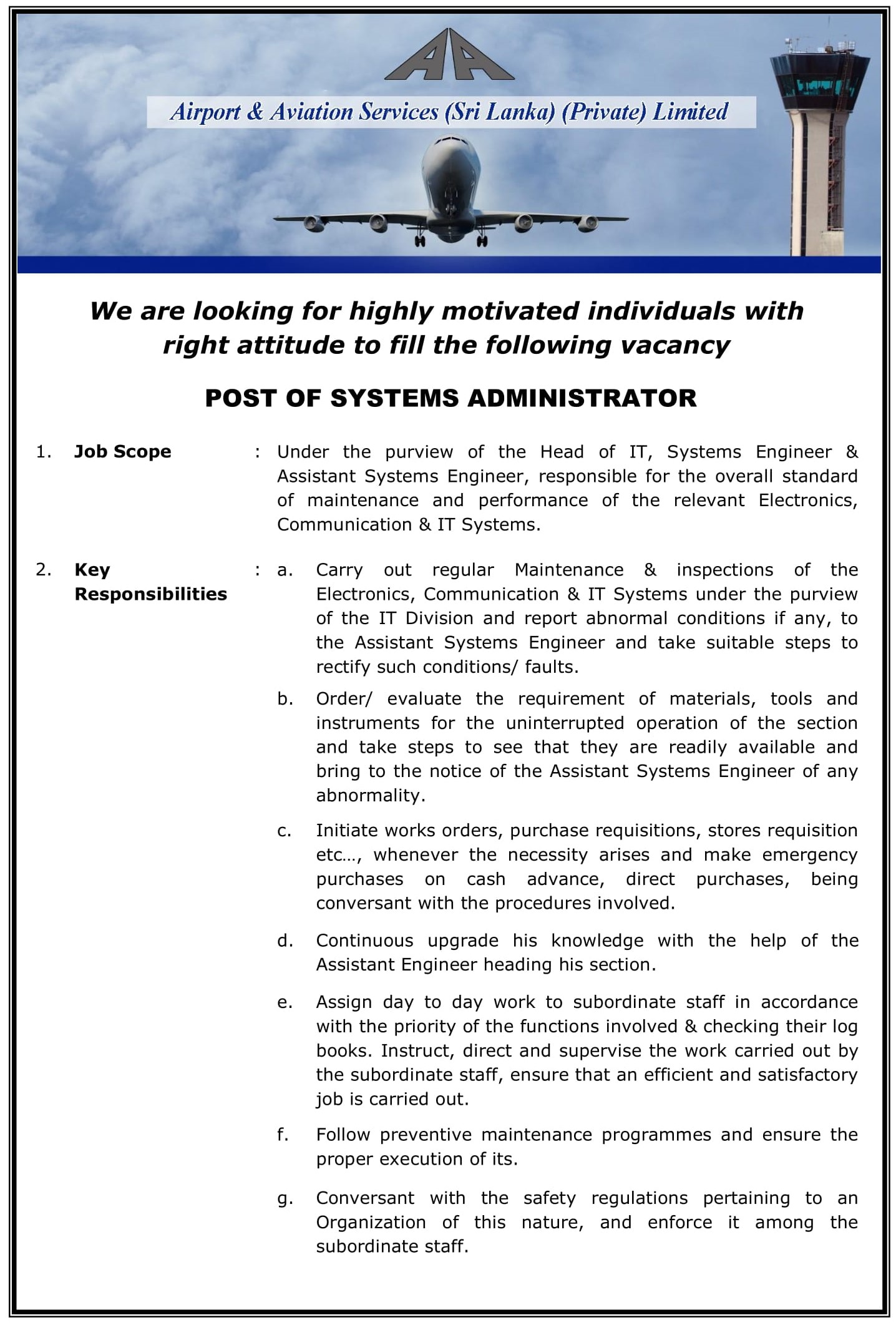 Systems Administrator - Airport & Aviation Services (Sri Lanka) (Private) Limited