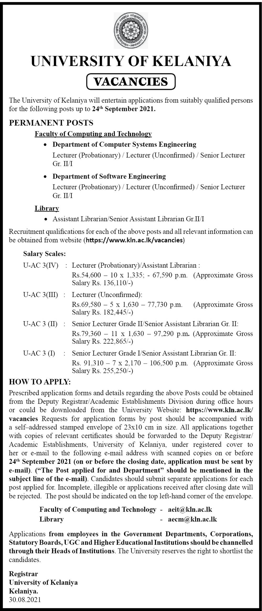 Assistant Librarian/Senior Assistant Librarian, Lecturer, Senior Lecturer - University of Kelaniya