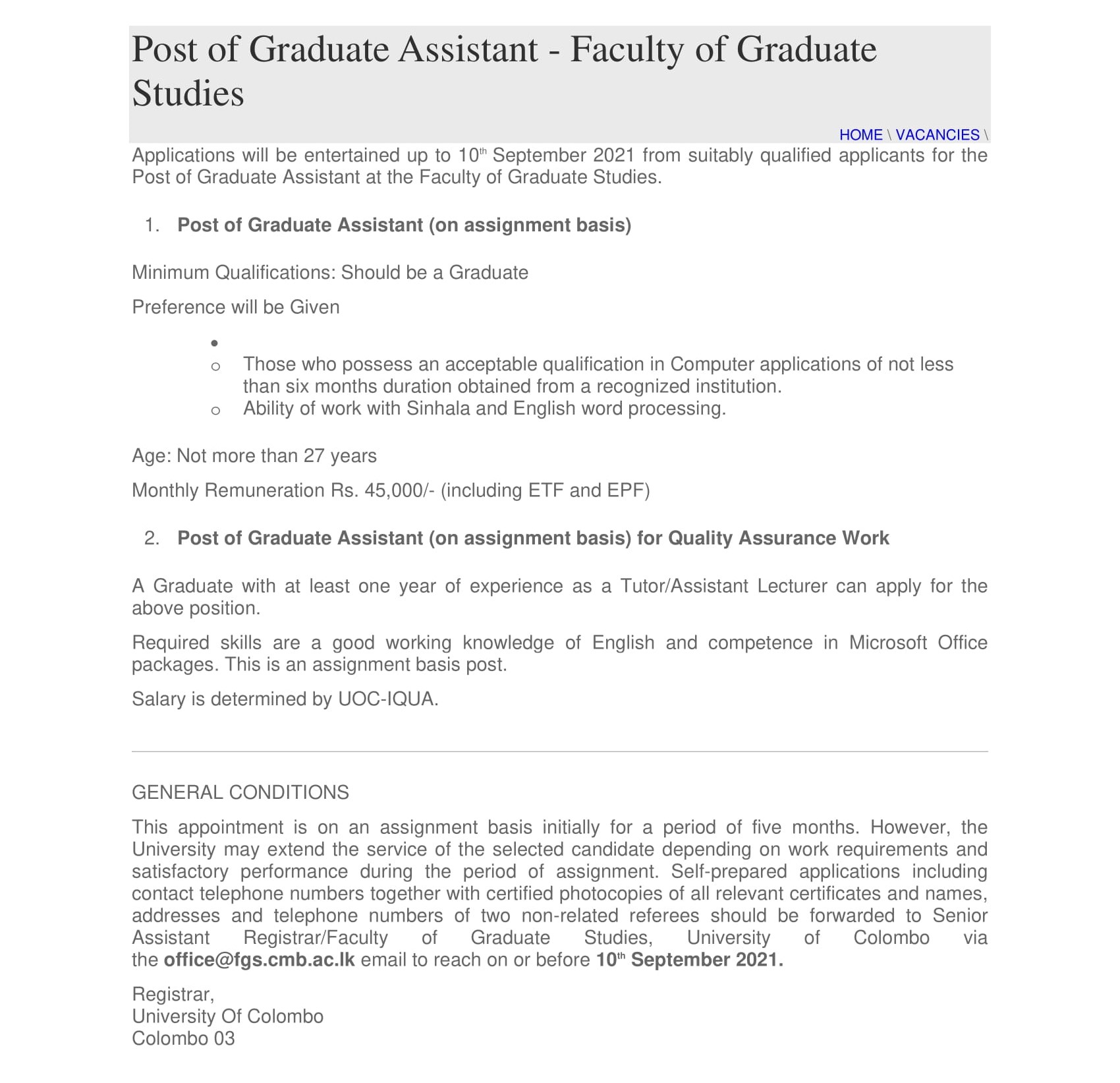 Graduate Assistant - Faculty of Graduate Studies - University of Colombo