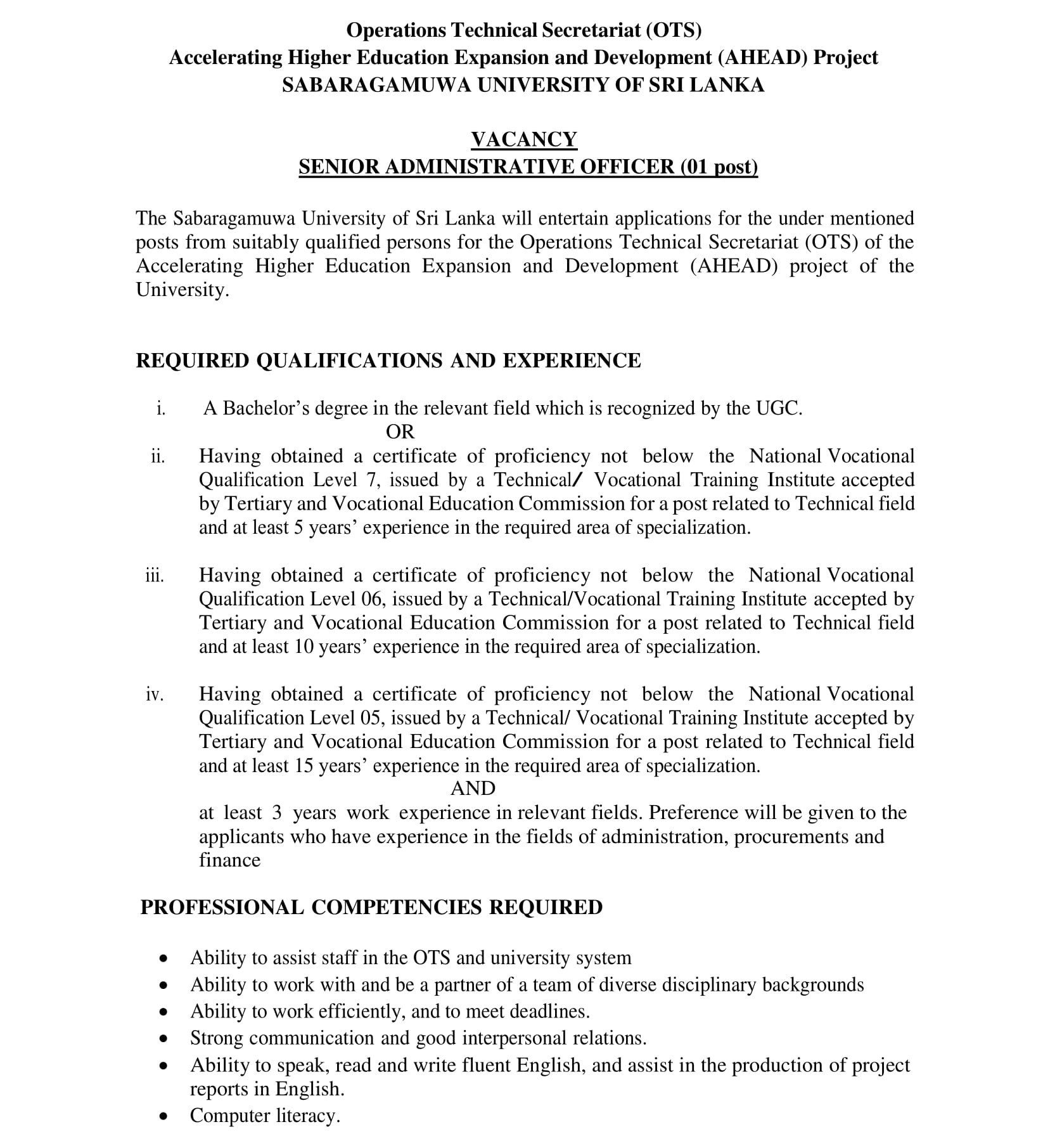 Senior Administrative Officer - Sabaragamuwa University of Sri Lanka