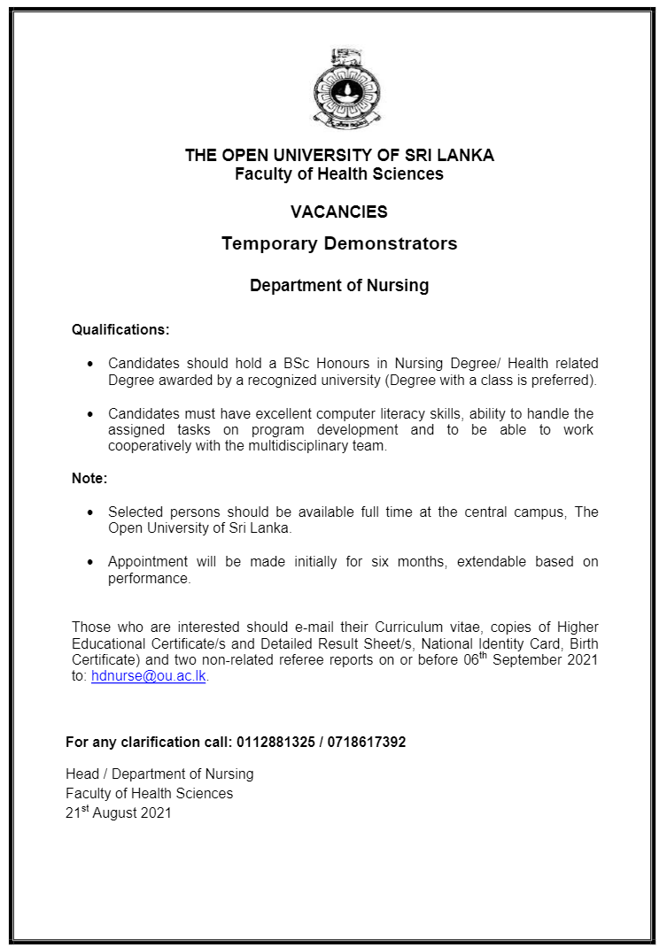 Director, Demonstrator - The Open University of Sri Lanka  