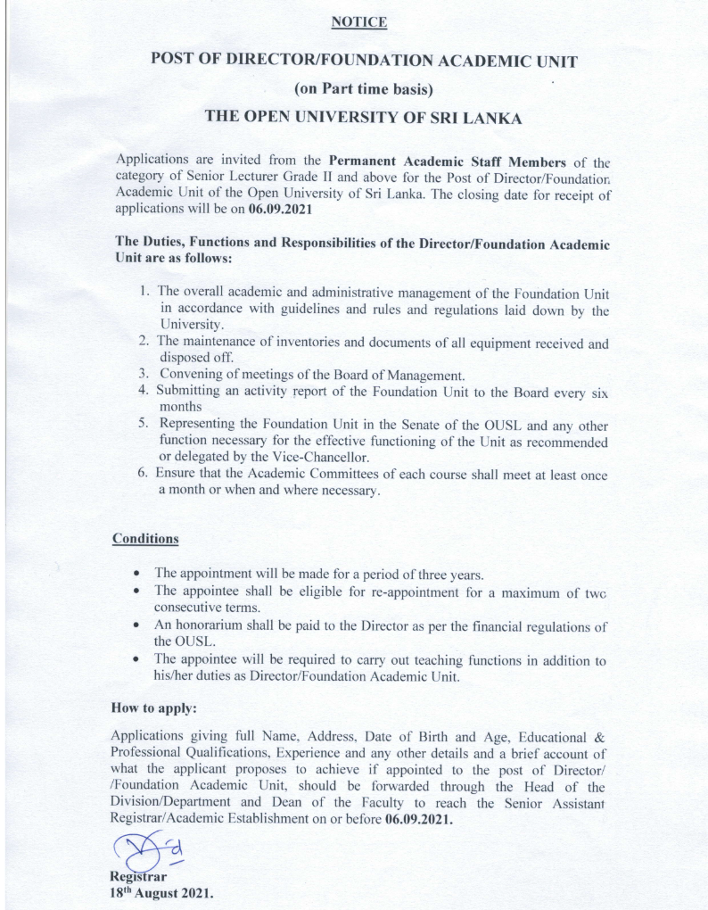 Director, Demonstrator - The Open University of Sri Lanka  