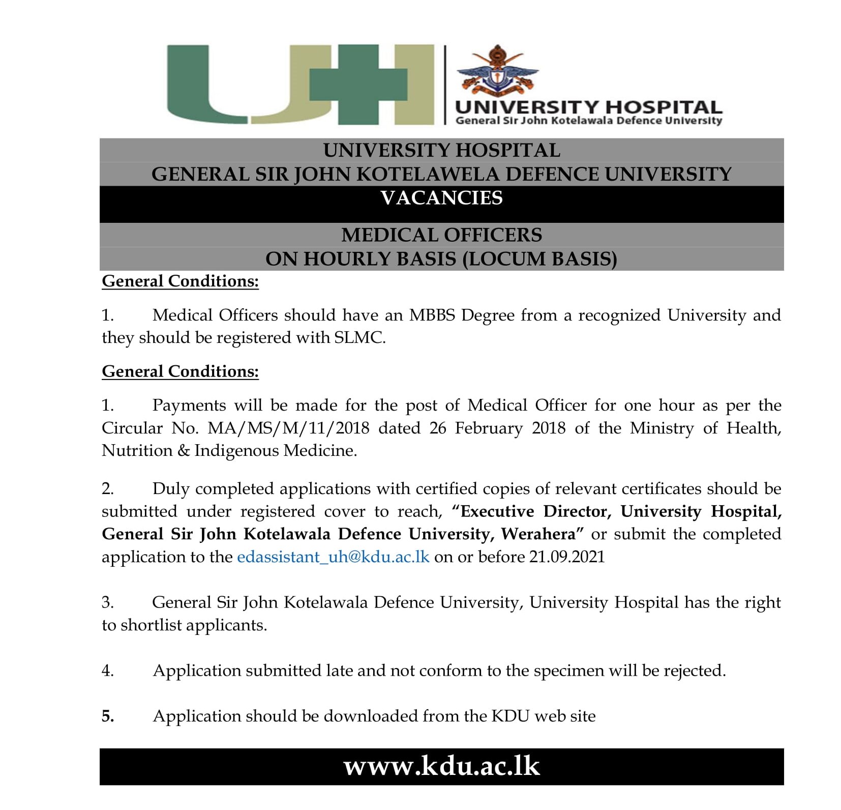 Medical Officer - University Hospital - General Sir John Kotelawala Defence University