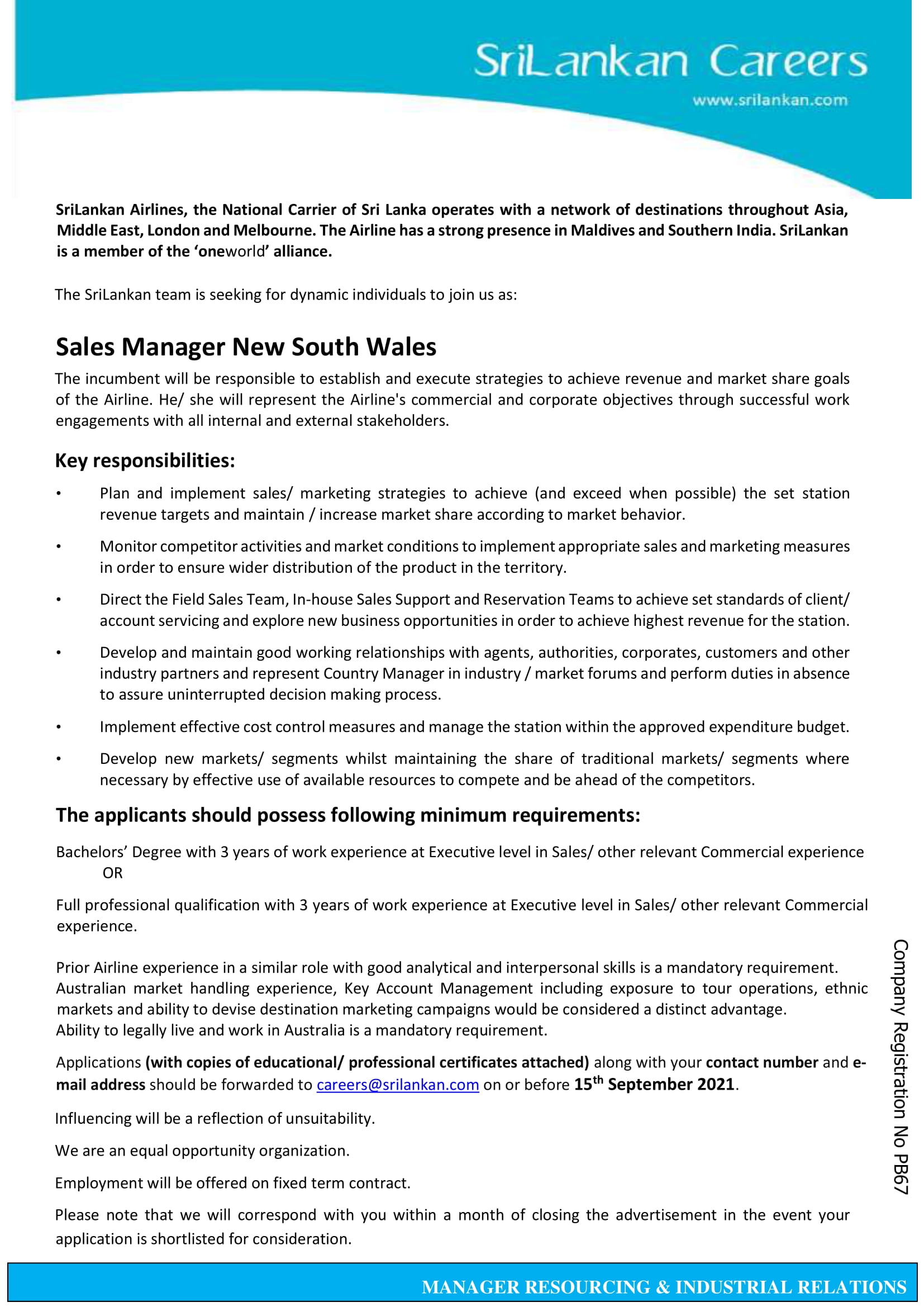 Sales Manager New South Wales - Sri Lankan Airlines 