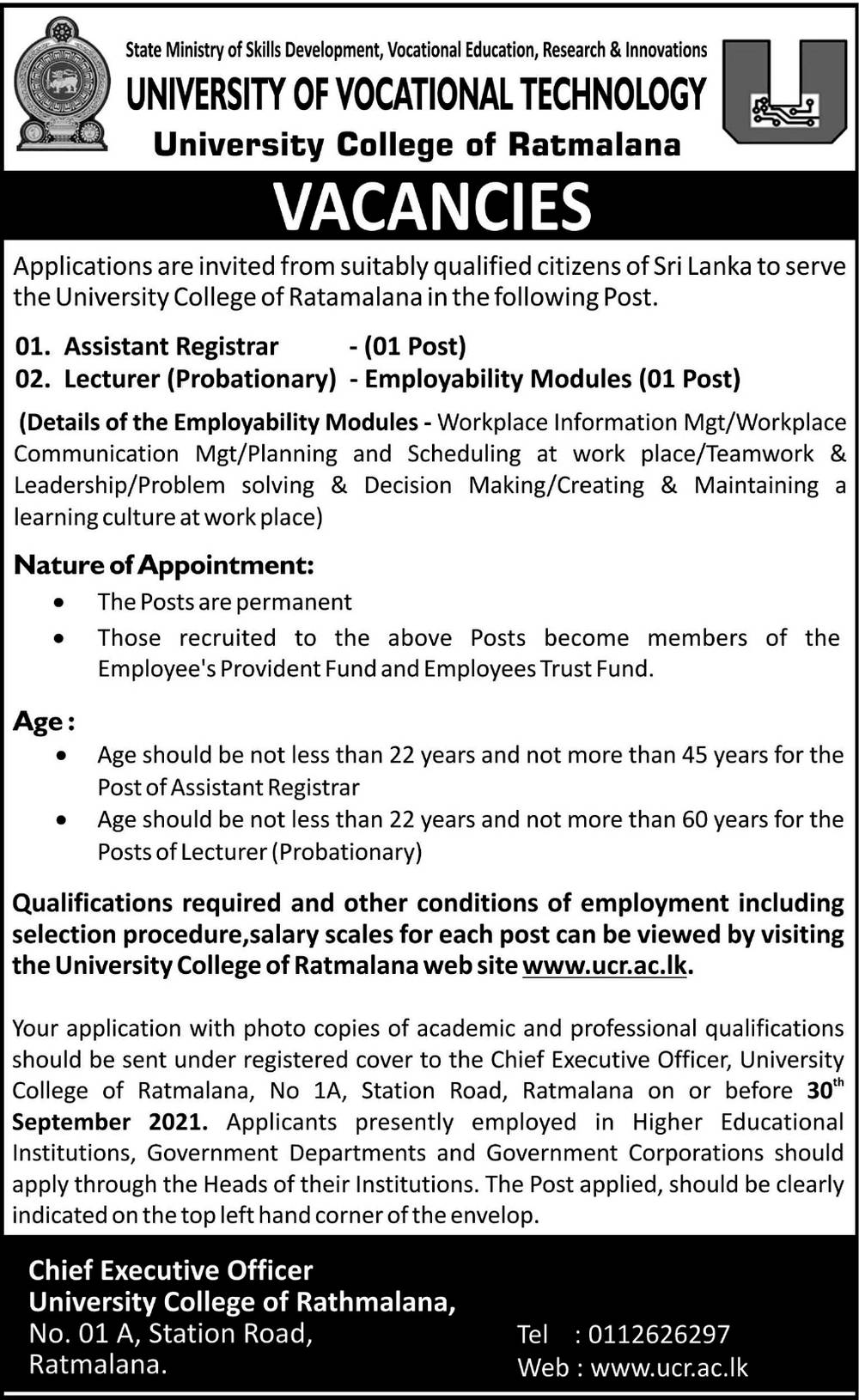 Assistant Registrar, Lecturer - University Colleges of Ratmalana - University of Vocational Technology