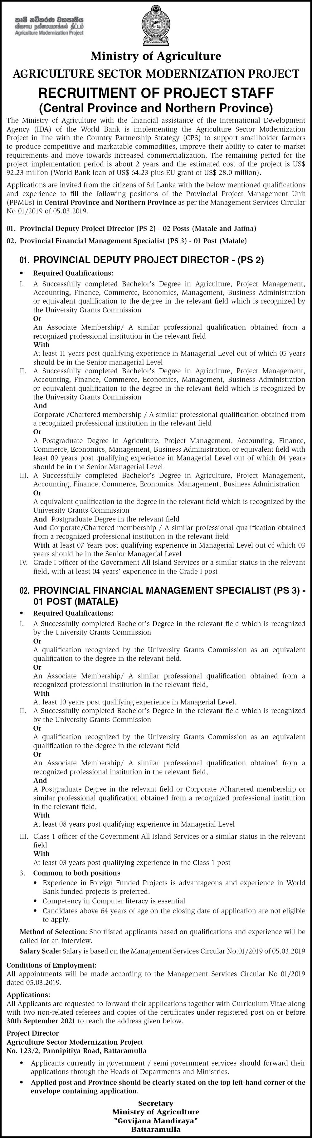 Provincial Deputy Project Director, Provincial Financial Management Specialist - Ministry of Agriculture