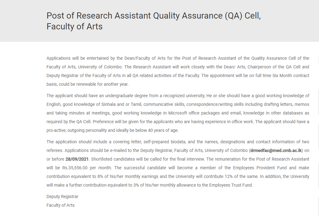 research assistant vacancies in university of colombo