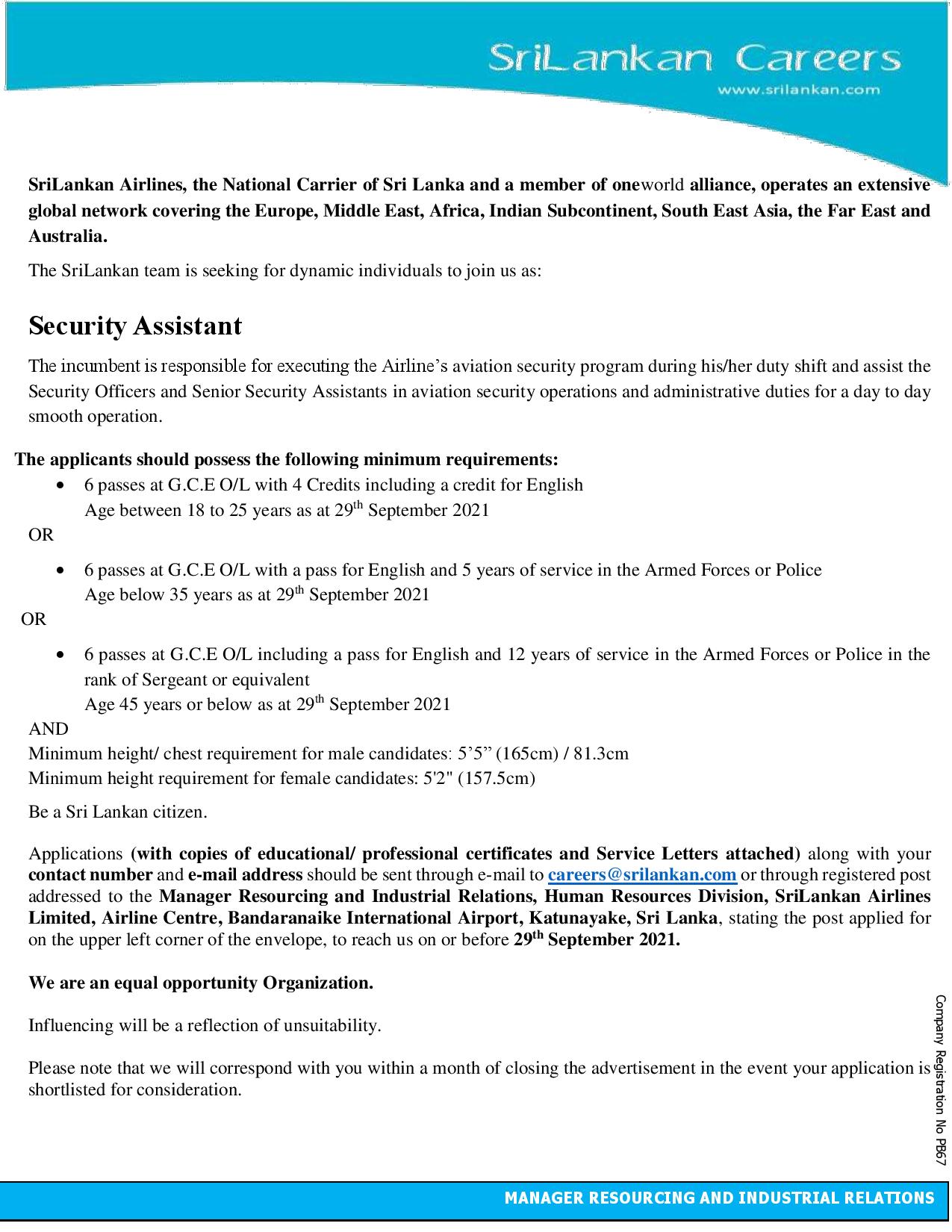 Security Assistant - SriLankan Airlines