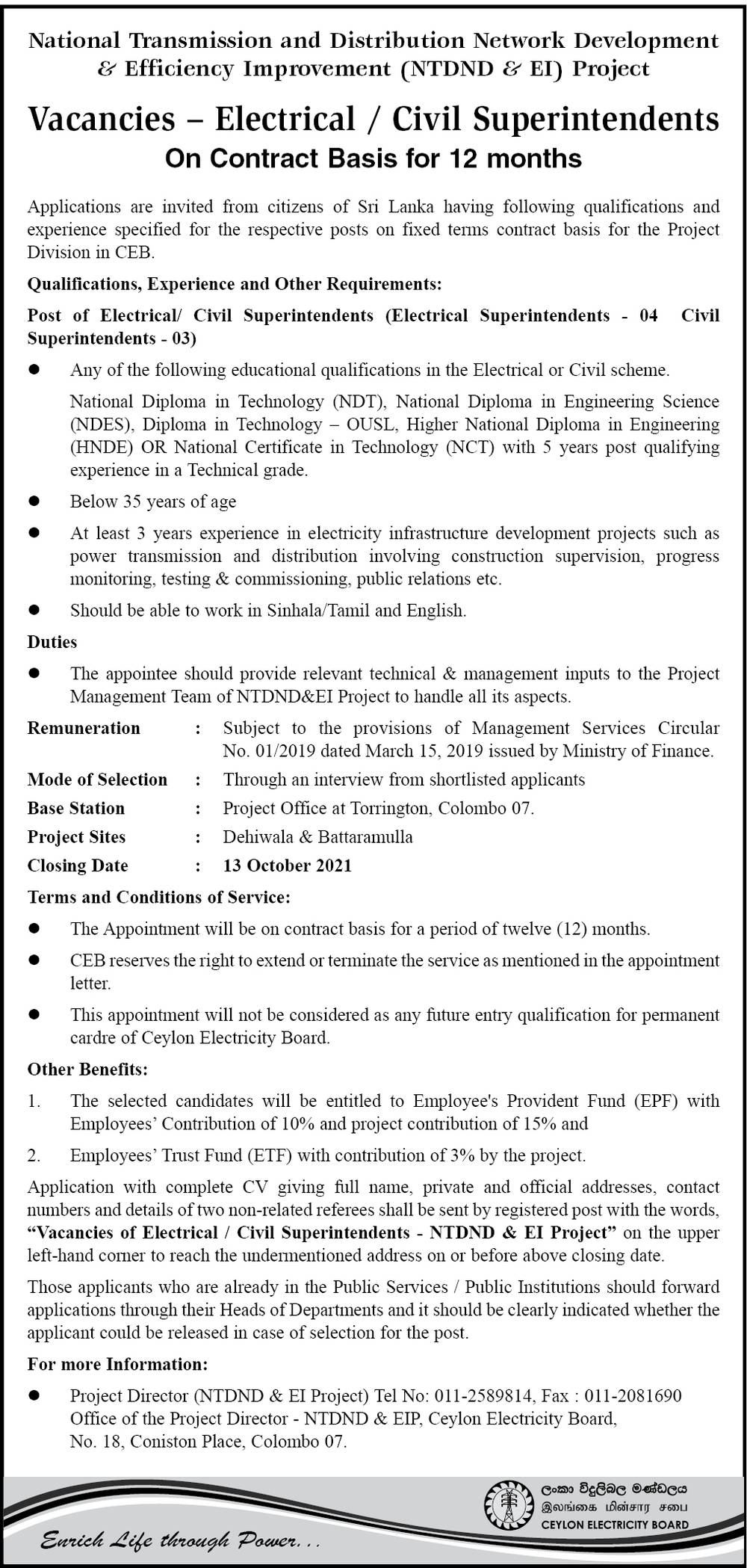 Electrical Superintendent, Civil Superintendent - Ceylon Electricity Board