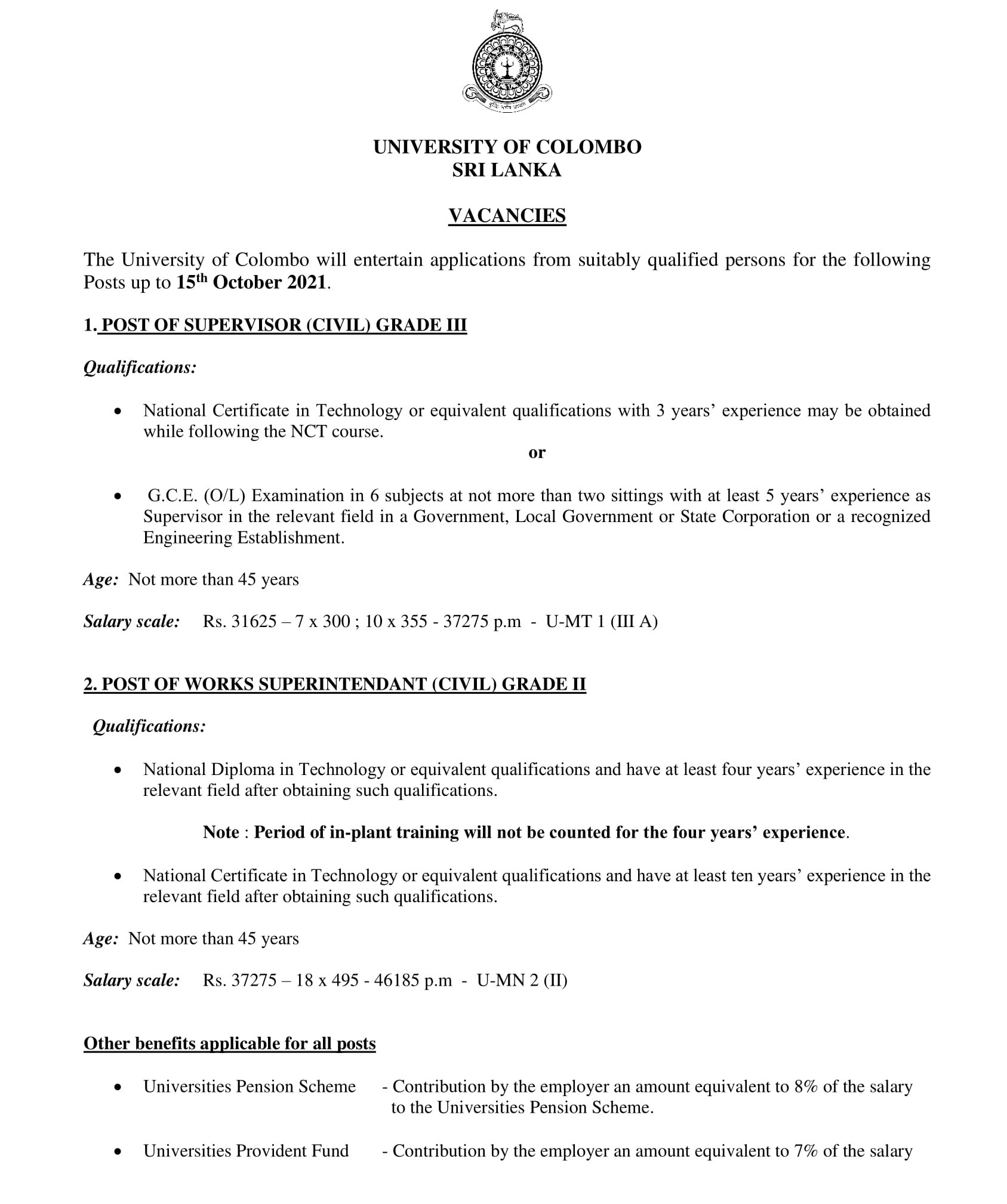 Supervisor (Civil), Works Superintendent (Civil) - University of Colombo