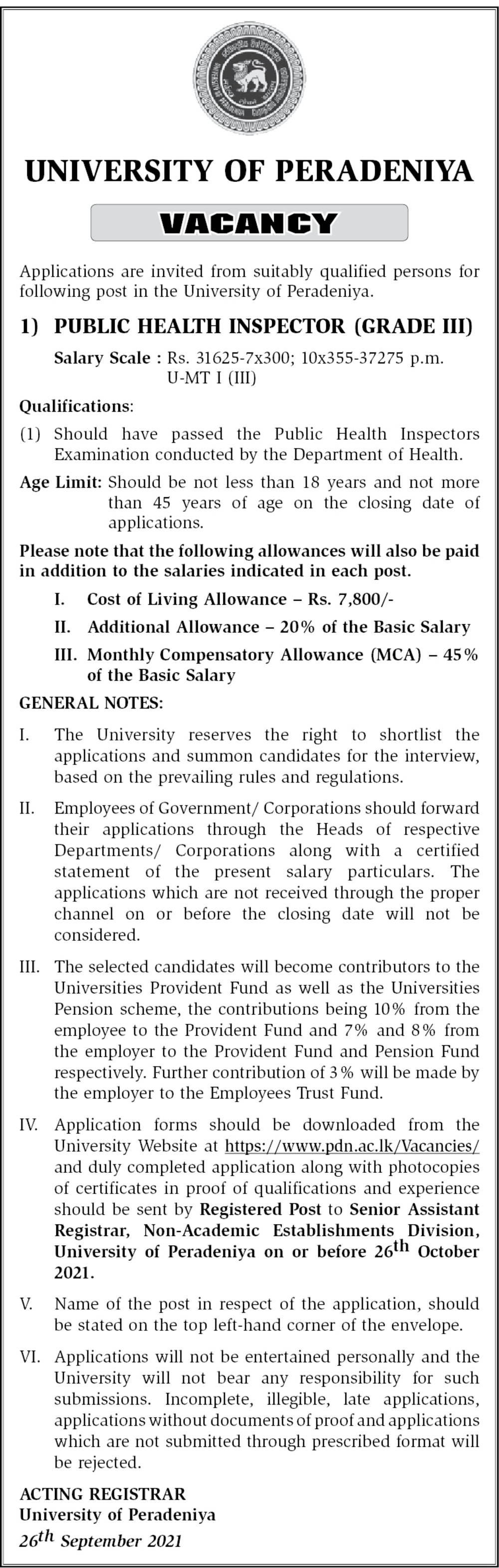 Public Health Inspector - University of Peradeniya