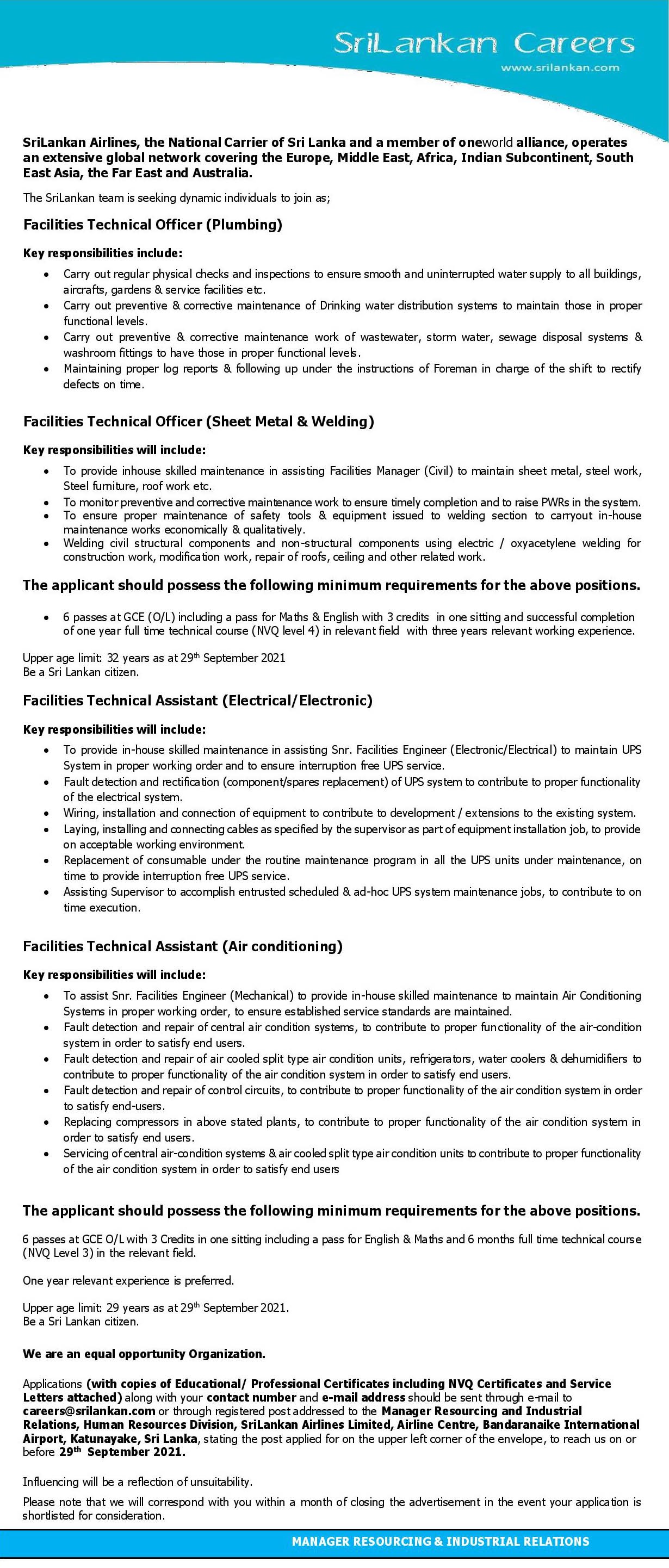 Technical Officer (Plumbing, Sheet Metal & Welding), Technical Assistant (Electrical/Electronic) - Sri Lankan Airlines