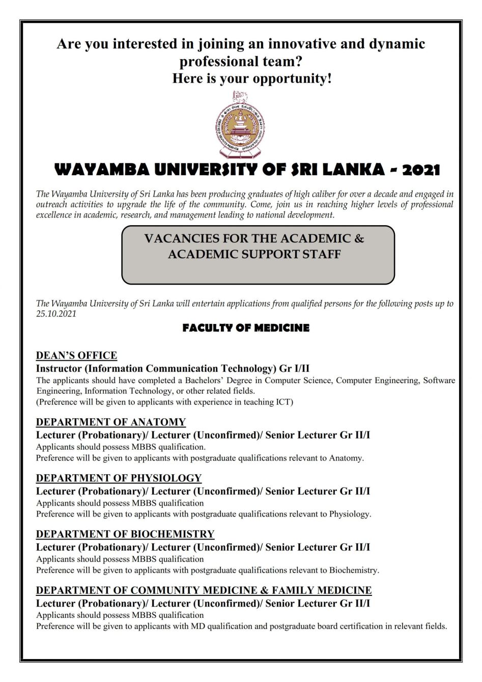 Instructor, Lecturer, Senior Lecturer, Professor, Senior Professor - Wayamba University of Sri Lanka