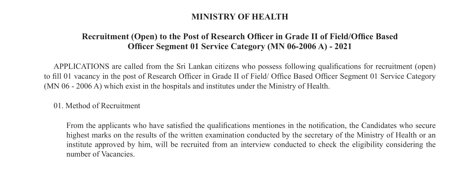 Research Officer (Open) - Ministry of Health