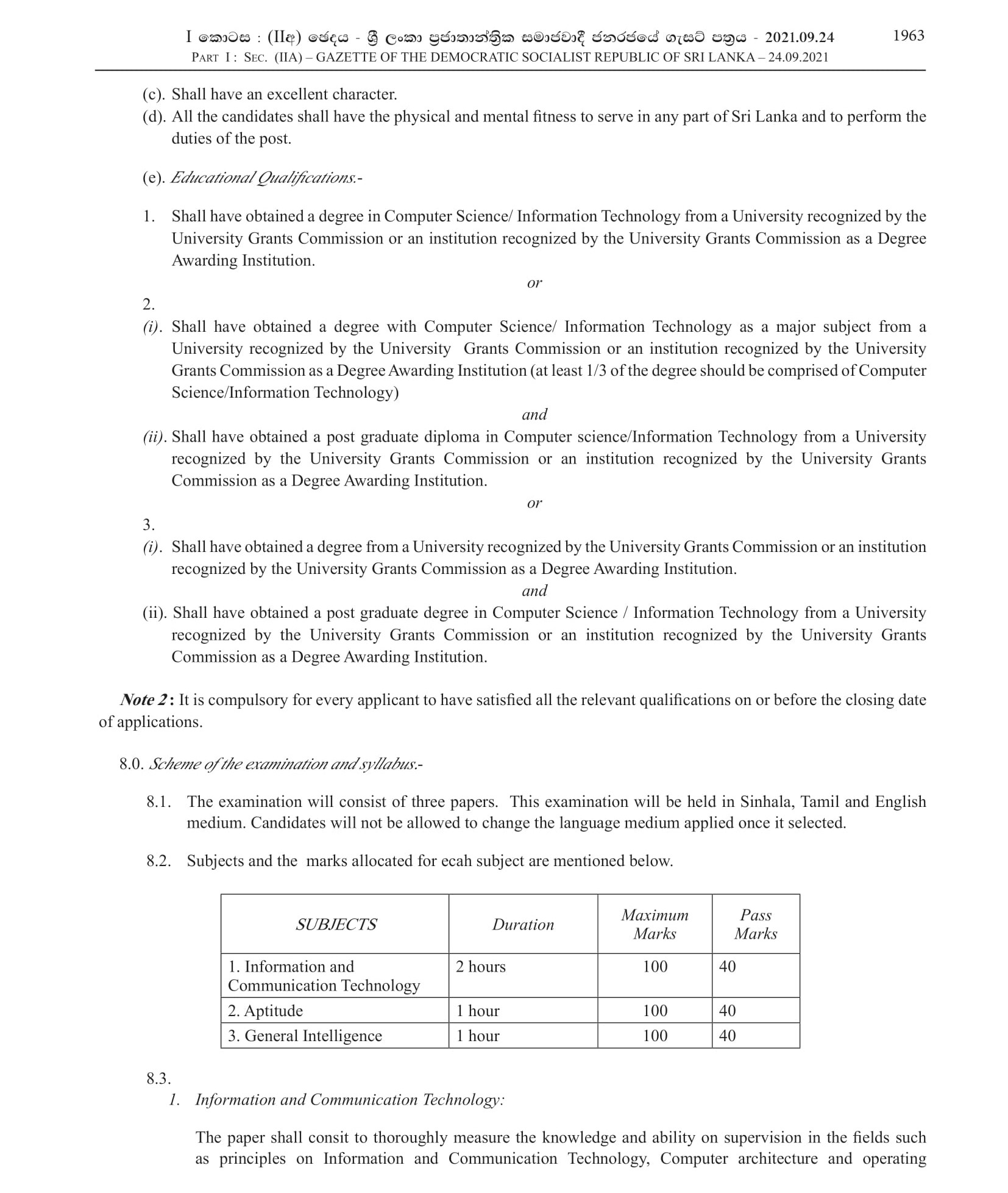 Open Competitive Exam for Recruitment to Grade II of Class 2 of Sri Lanka Information & Communication Technology Service - 2021