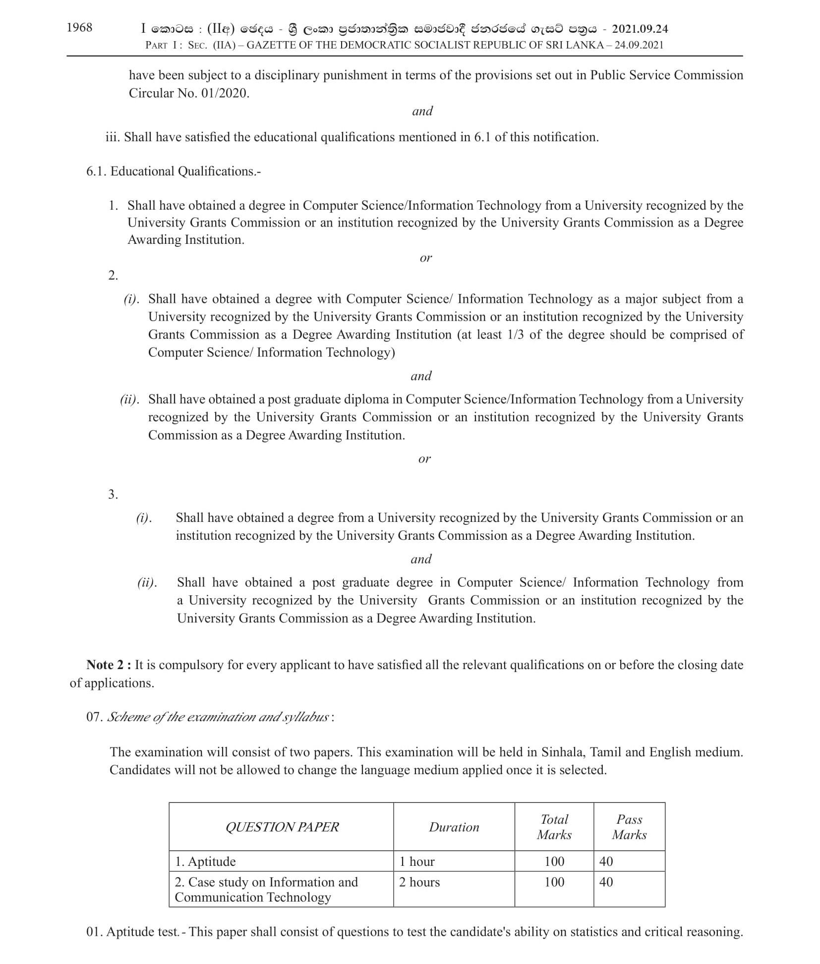 Limited Competitive Exam for Recruitment to Grade II of Class 2 of Sri Lanka Information and Communication Technology Service - 2021