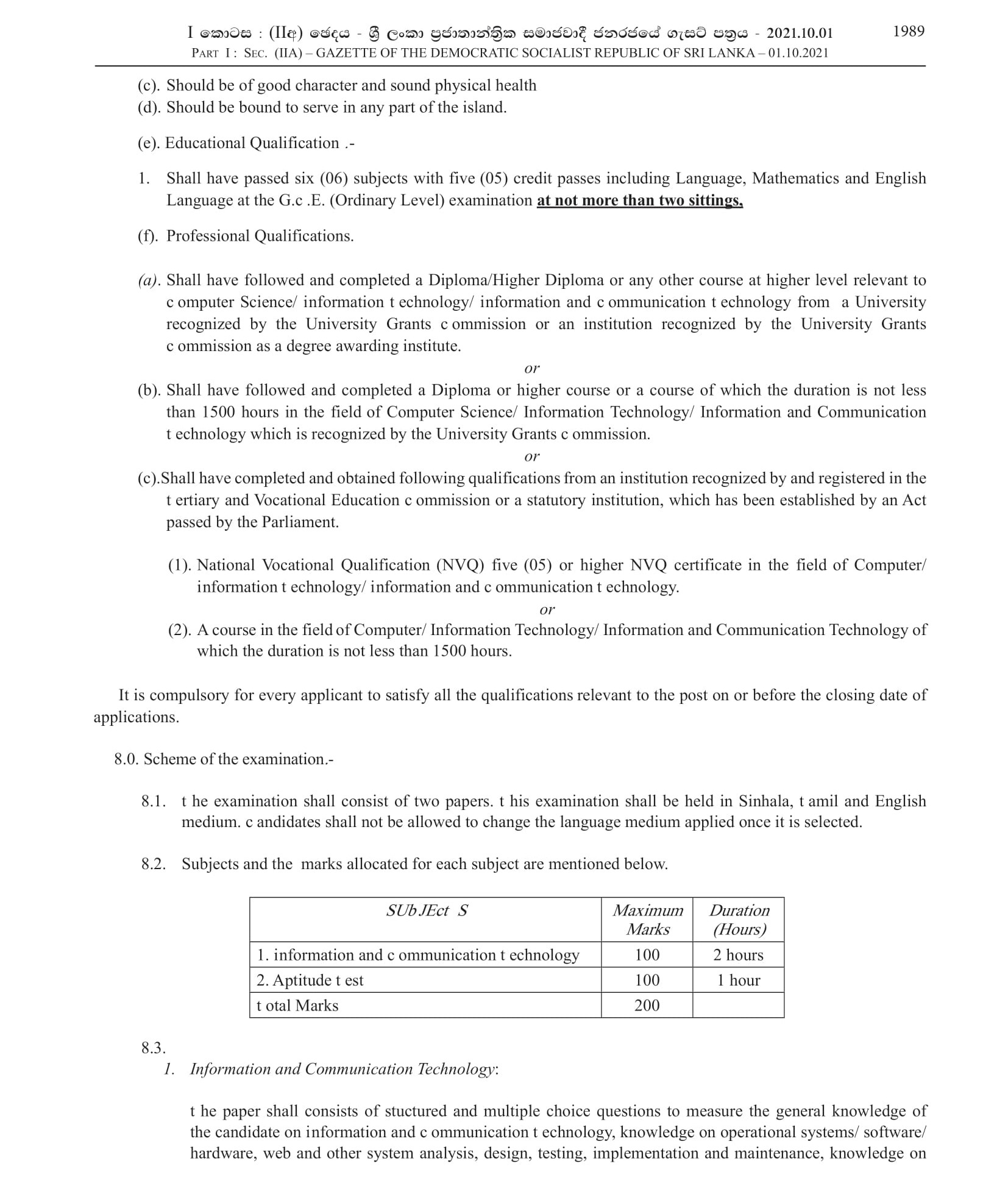 Open Competitive Examination for Recruitment to Grade III of Class 3 of Sri Lanka Information & Communication Technology Service (2021)