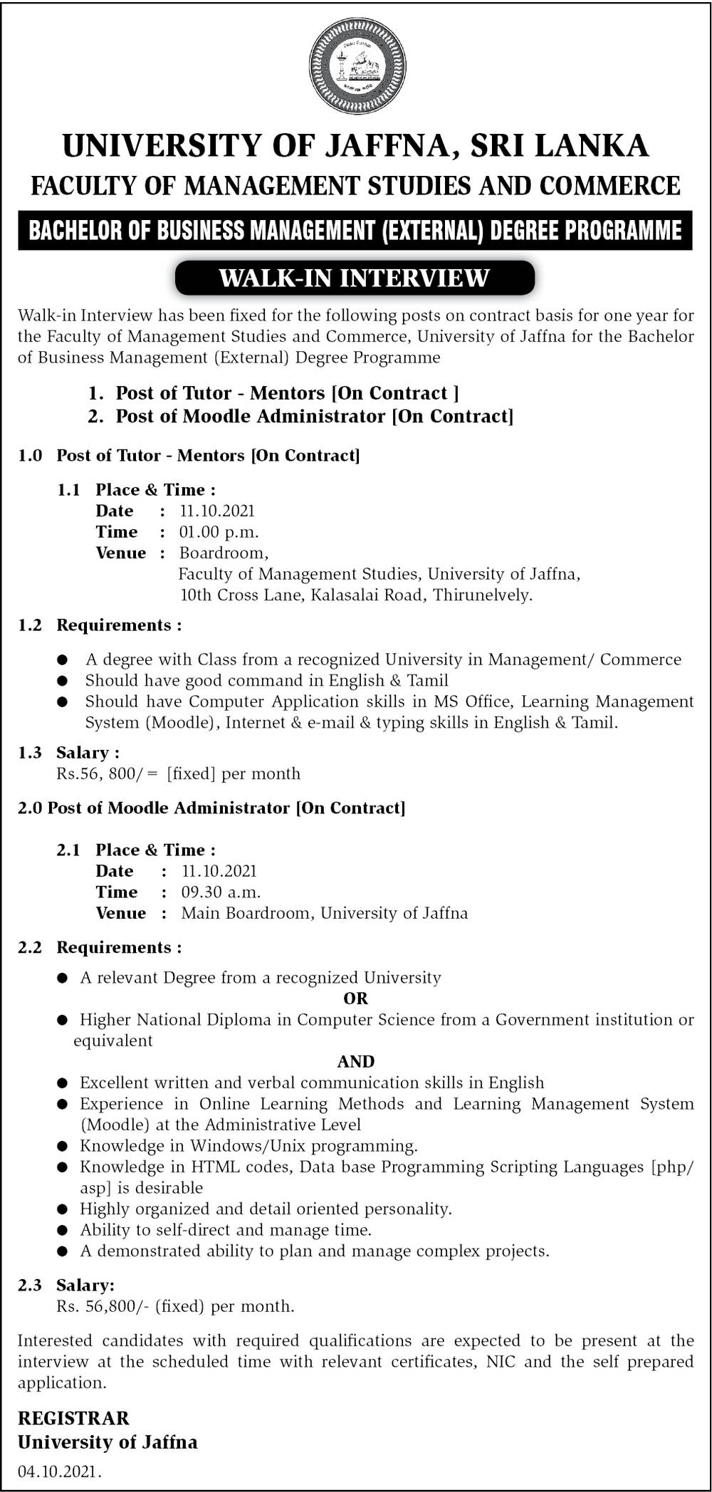 Tutor, Moodle Administrator - University of Jaffna