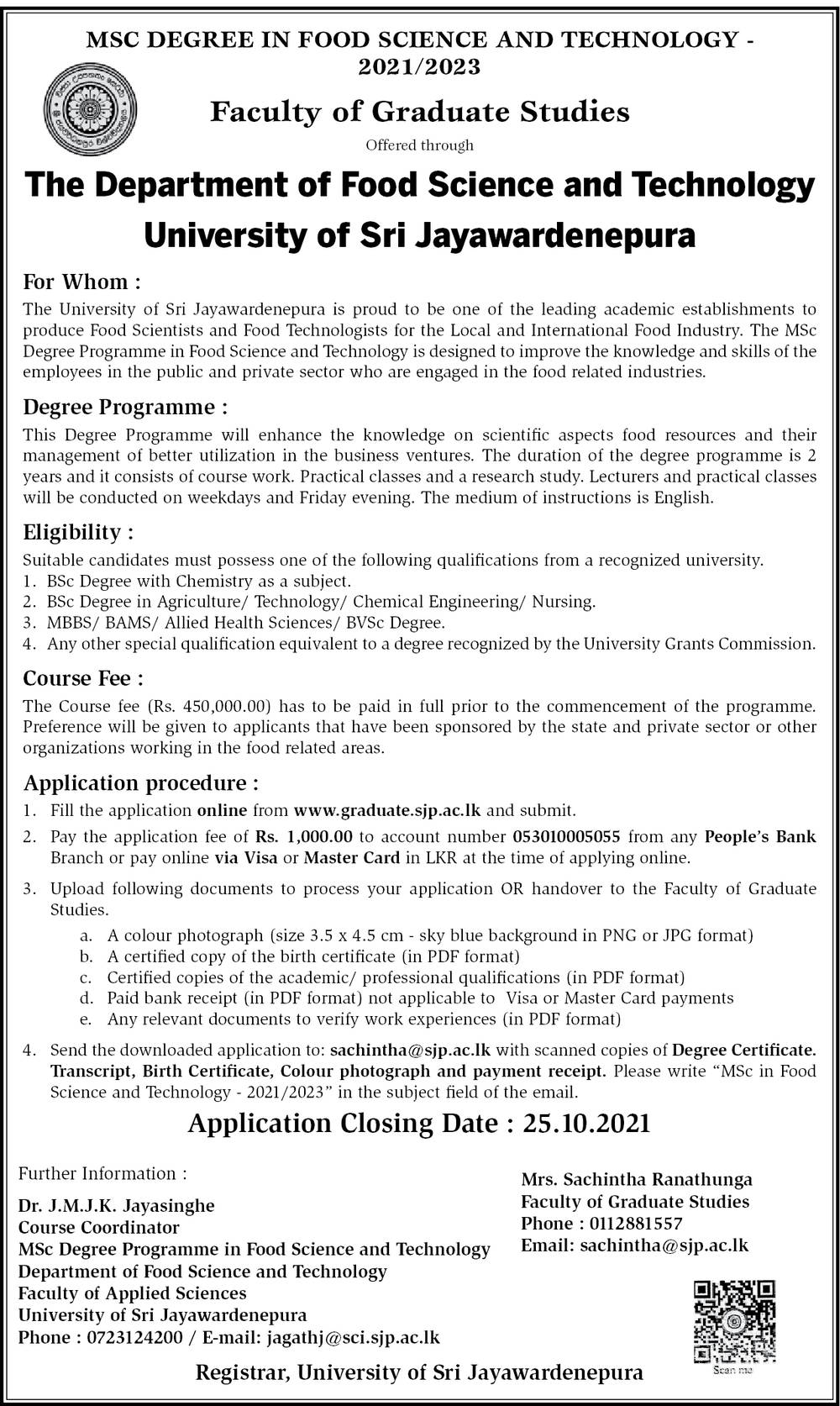 MSc Degree in Food Science & Technology - Faculty of Graduate Studies - University of Sri Jayawardenepura