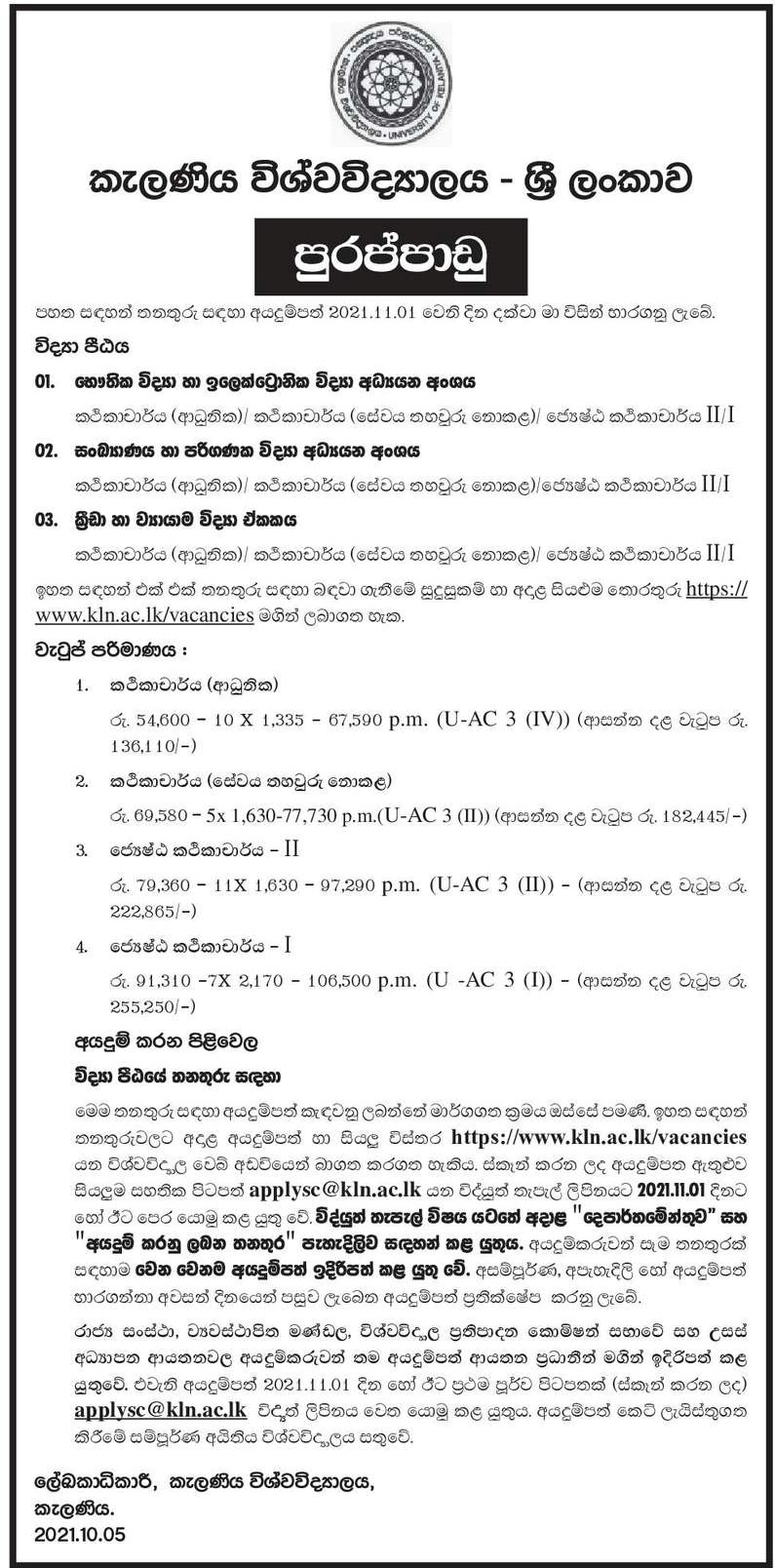 Lecturer, Senior Lecturer - University of Kelaniya