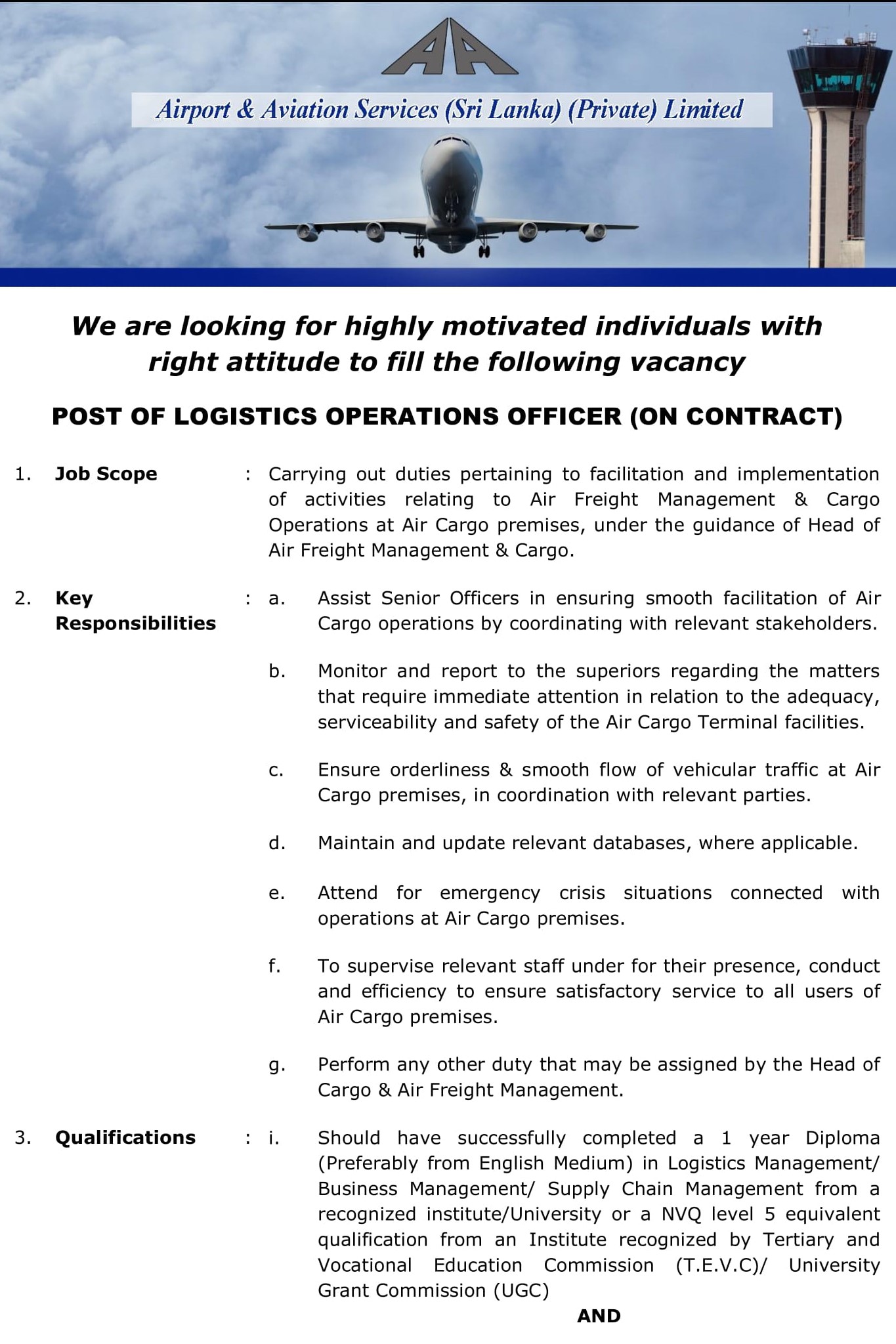 Logistics Operations Officer - Airport & Aviation Services (Sri Lanka) Ltd