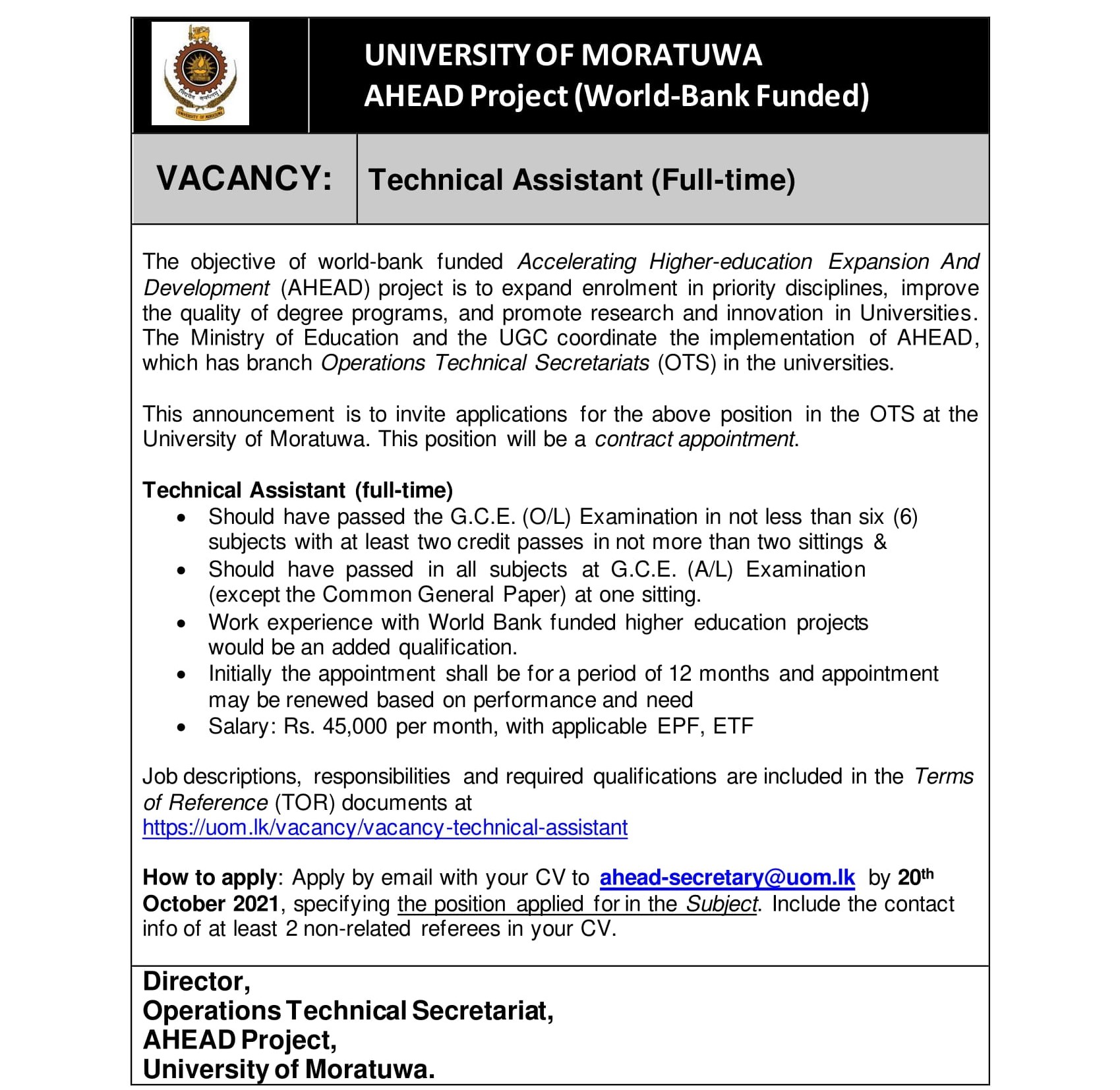 Technical Assistant - University of Moratuwa