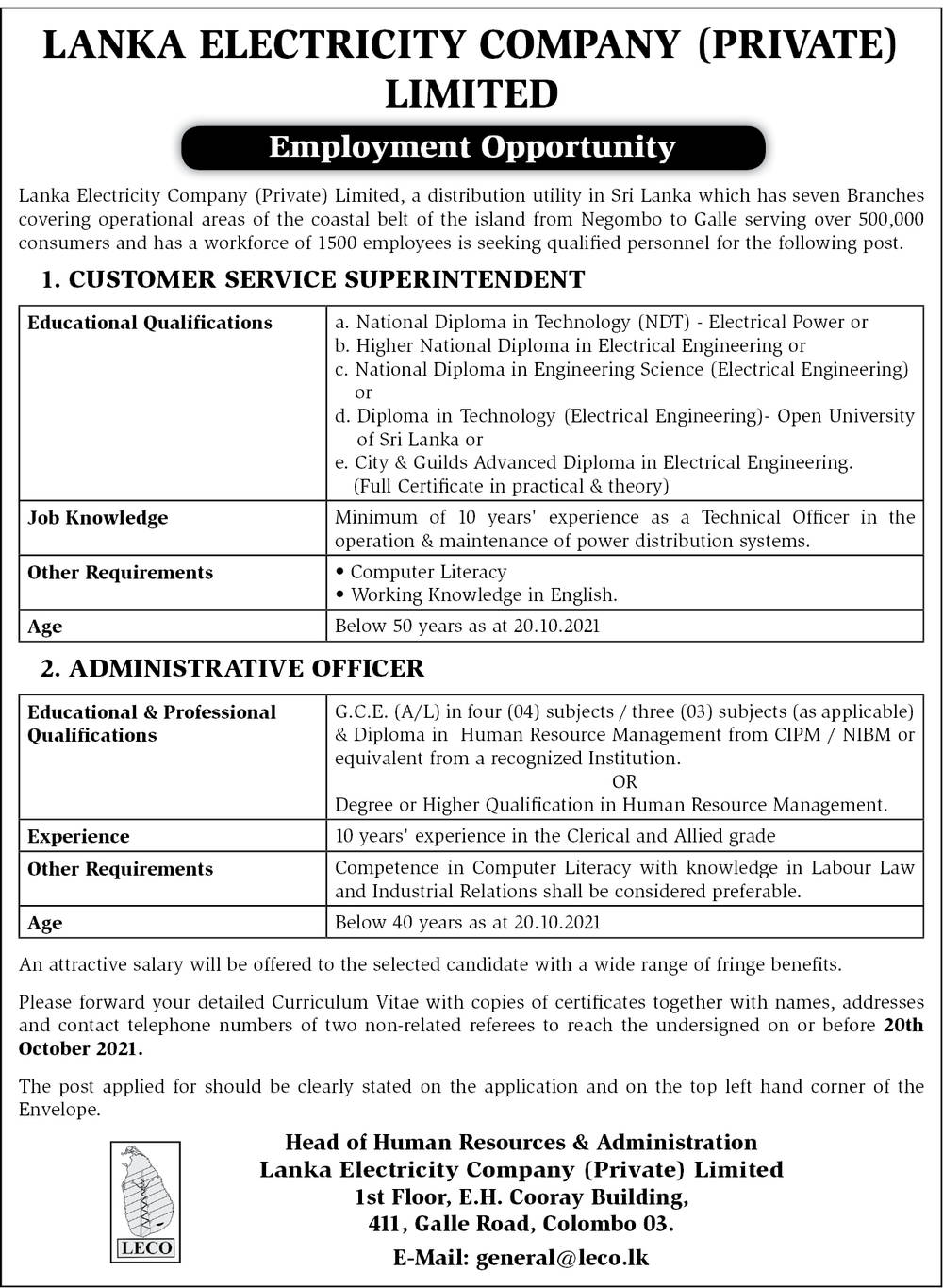 Customer Service Superintendent, Administrative Officer - Lanka Electricity Company (Private) Limited