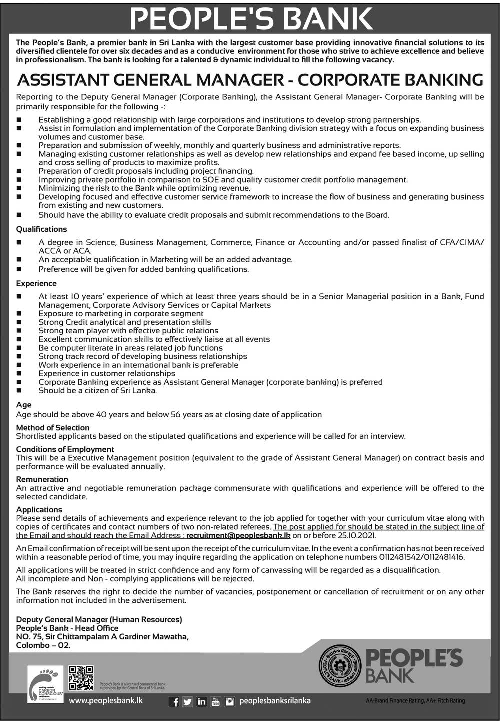 Assistant General Manager (Corporate Banking) - Peopleâ€™s Bank