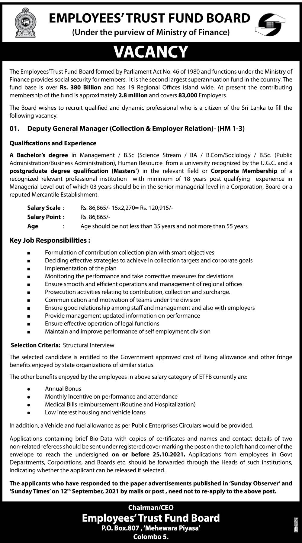 Deputy General Manager (Collection & Employer Relation - Employees' Trust Fund Board