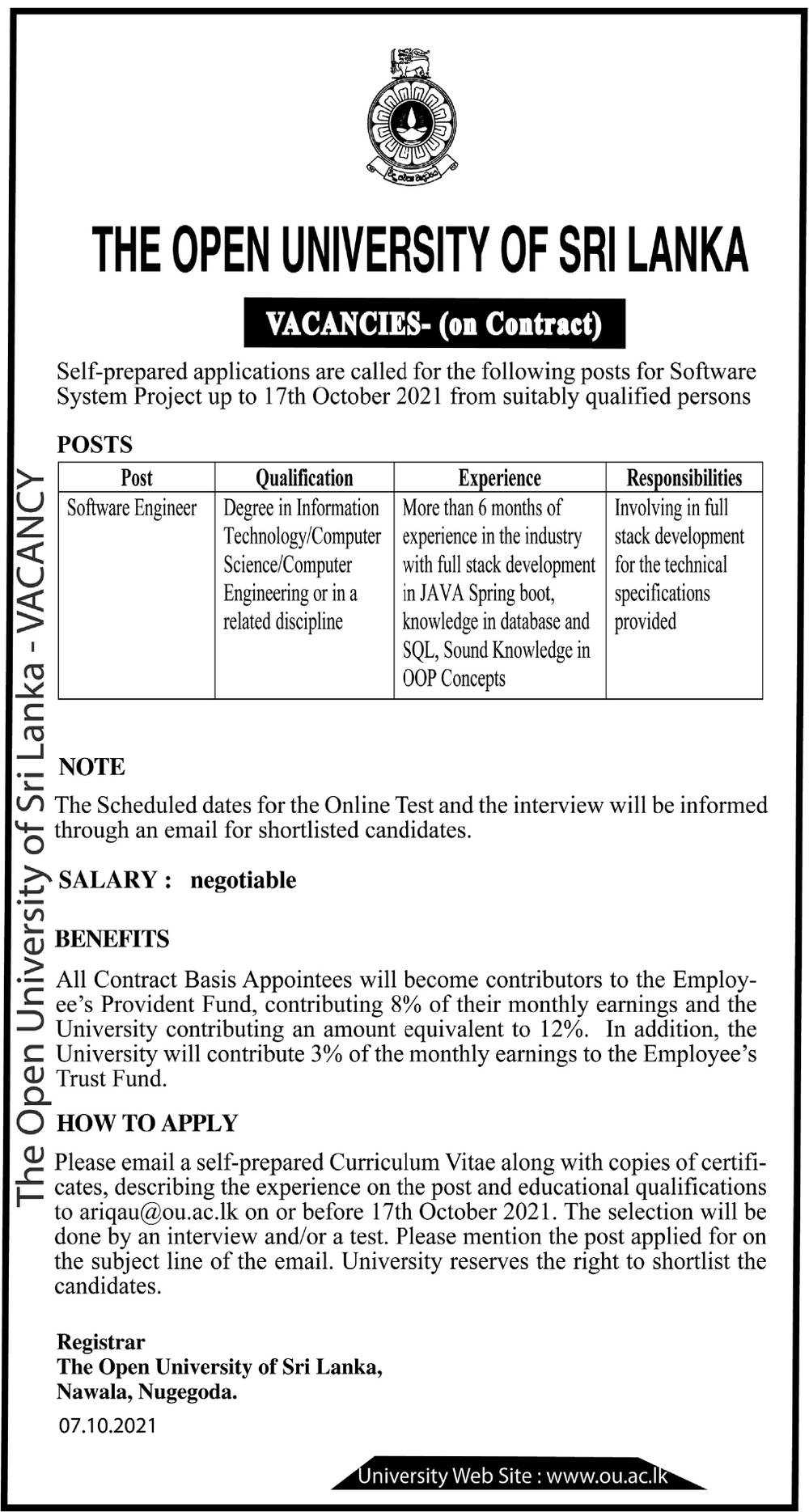 Software Engineer - The Open University of Sri Lanka