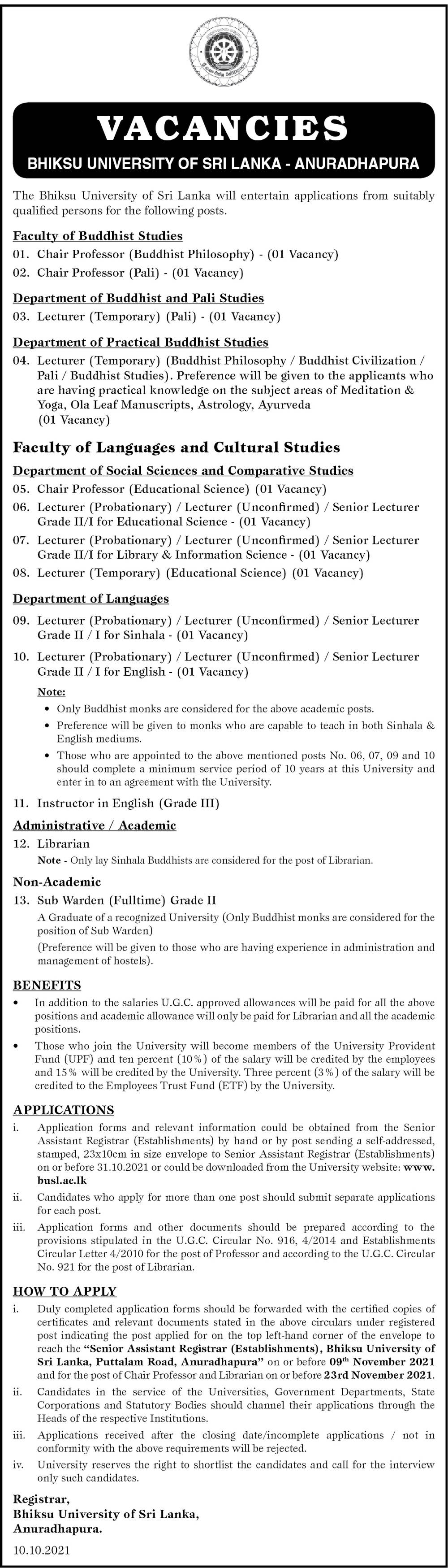 Sub Warden, Librarian, Instructor, Lecturer, Senior Lecturer, Professor - Bhikshu University of Sri Lanka