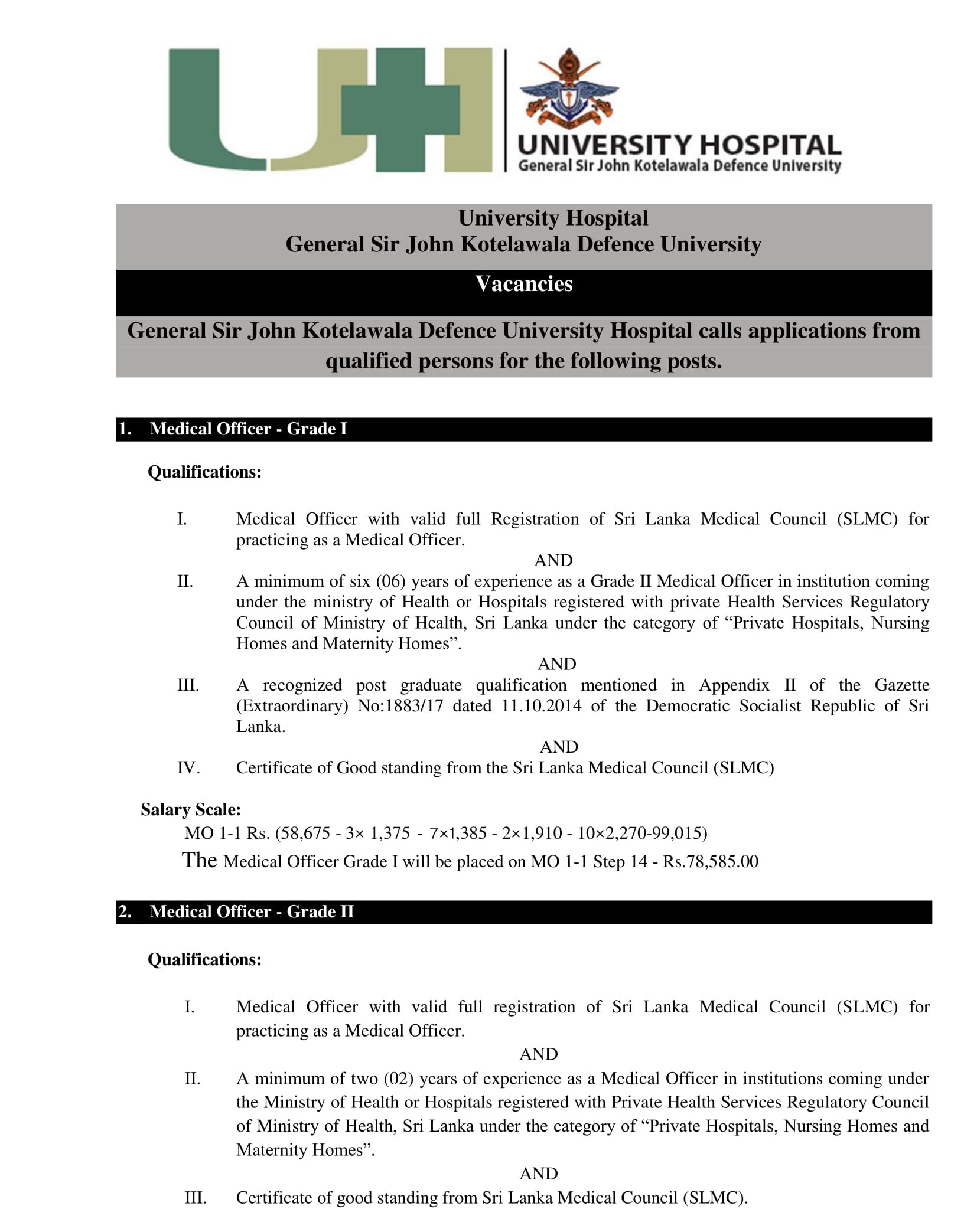  Medical Officer, Perfusionist, Orthopedic Workshop Mechanic, Audiology Technician - University Hospital - General Sir John Kotelawala Defence University