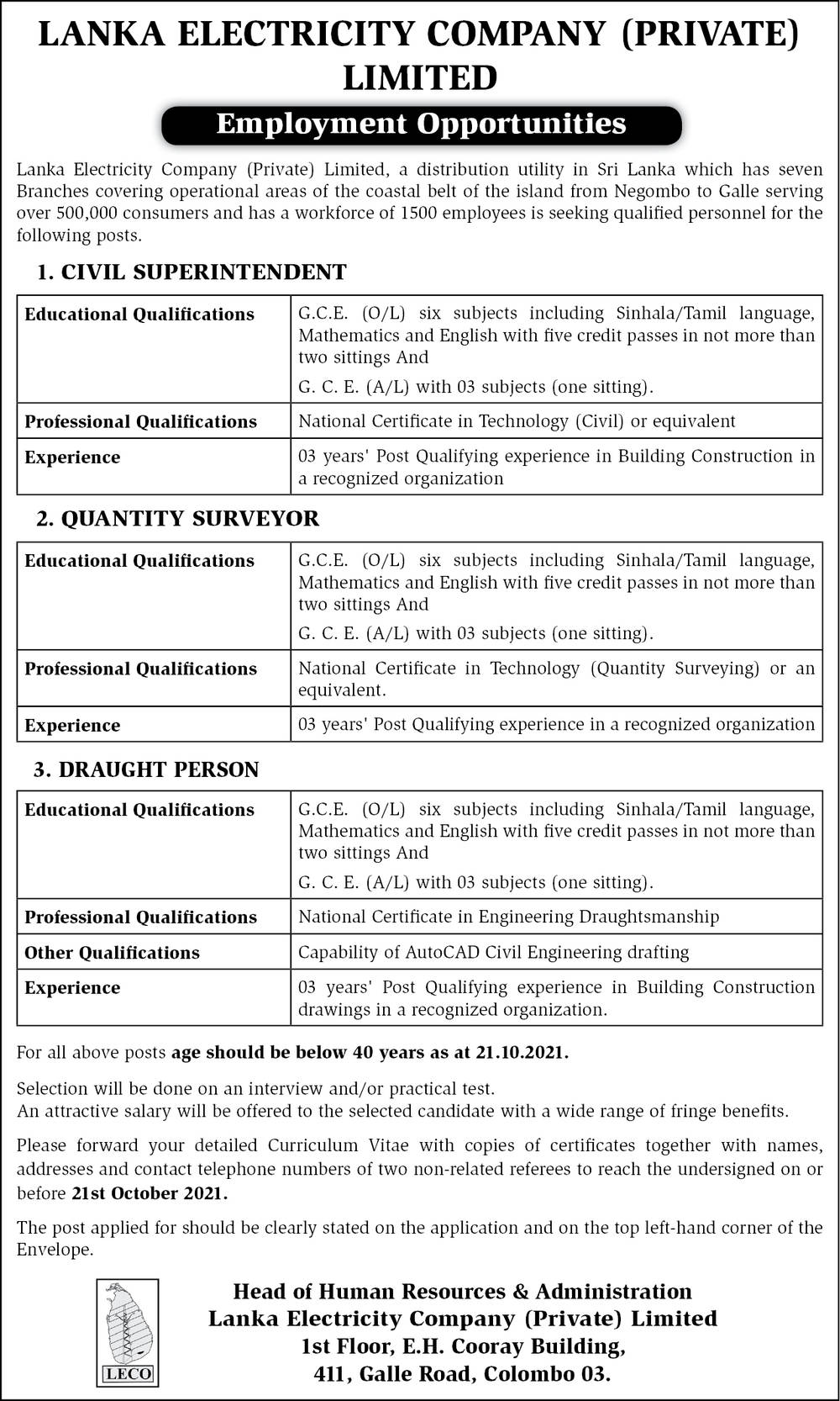 Civil Superintendent, Quantity Supervisor, Draught Person - Lanka Electricity Company (Private) Limited