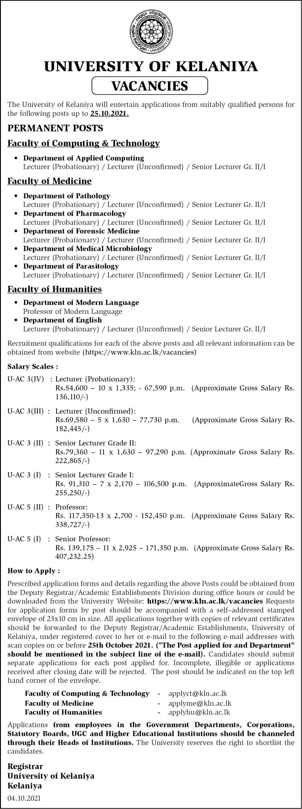 Lecturer, Senior Lecturer, Professor, Senior Professor - University of Kelaniya