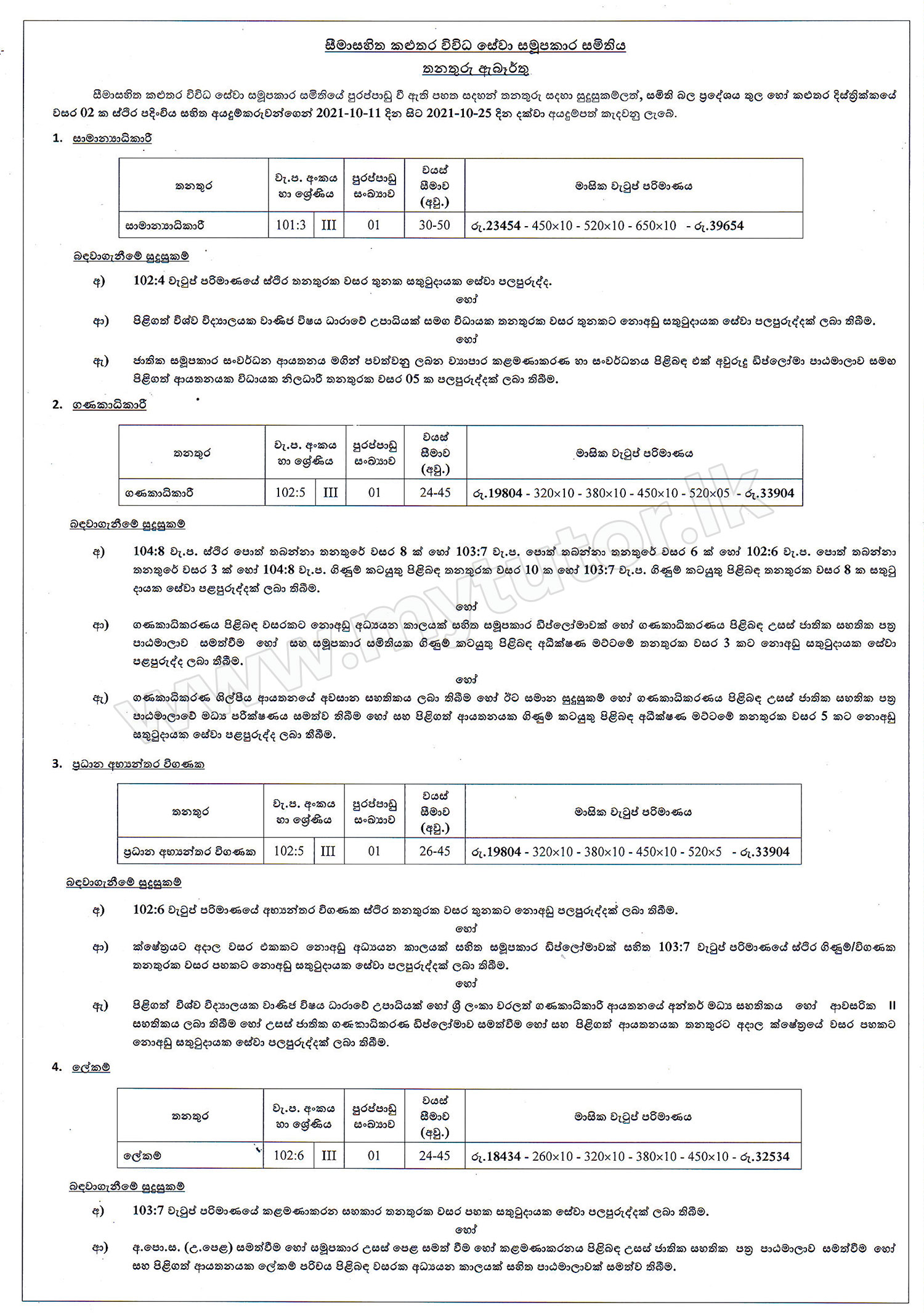 General Manager, Accountant, Chief Internal Auditor, Secretary, Field Officer, Audit Assistant, Shops Supervisor - Kalutara Multi Purpose Cooperative Society Ltd