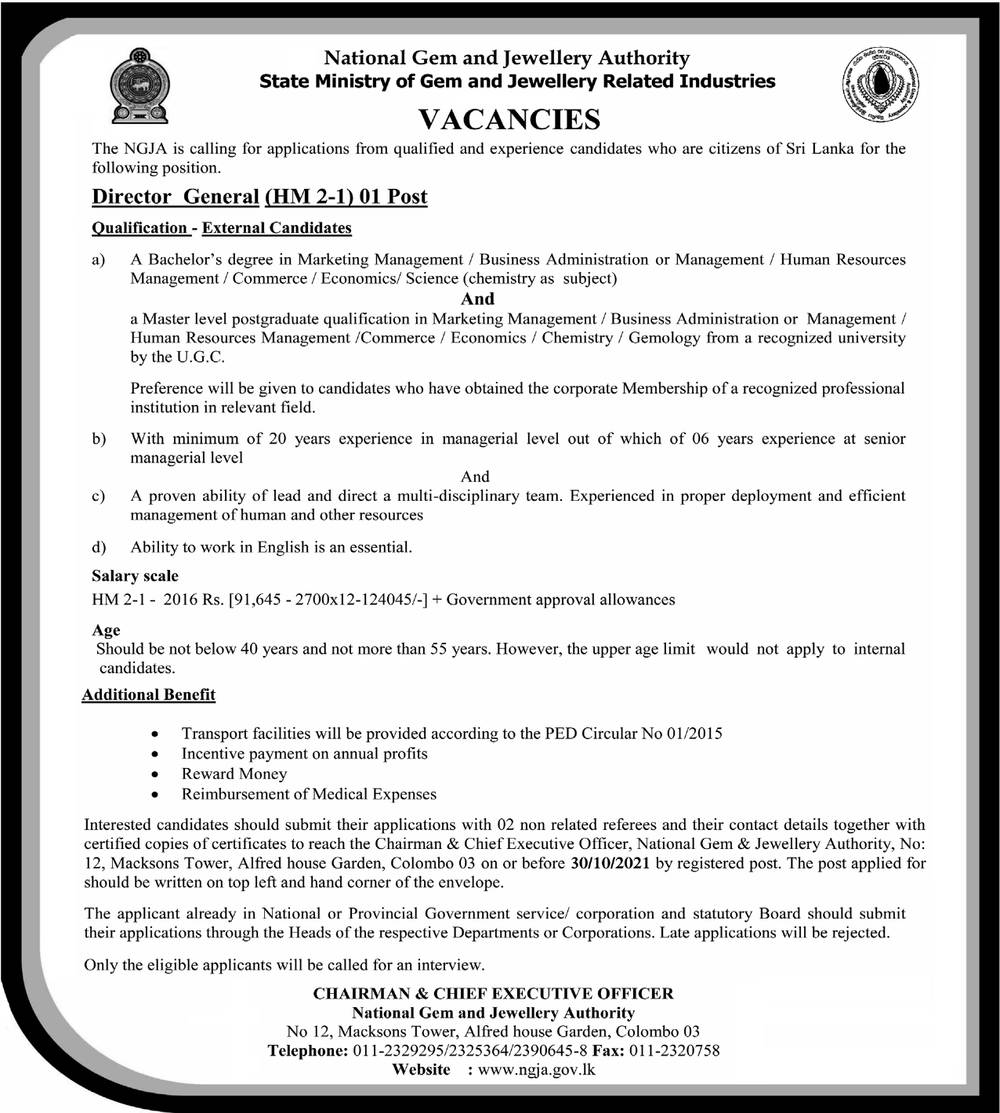 Director General - National Gem & Jewellery Authority