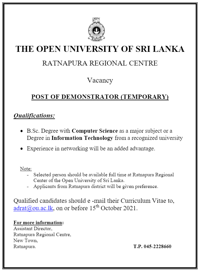 Demonstrator - The Open University of Sri Lanka