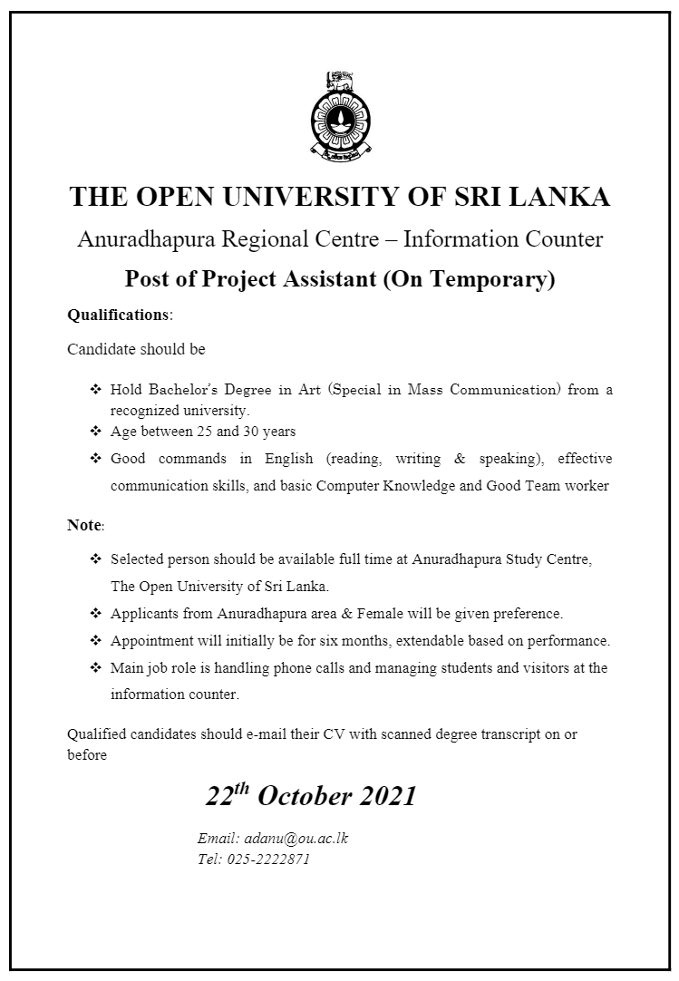 Project Assistant, Demonstrator - The Open University of Sri Lanka