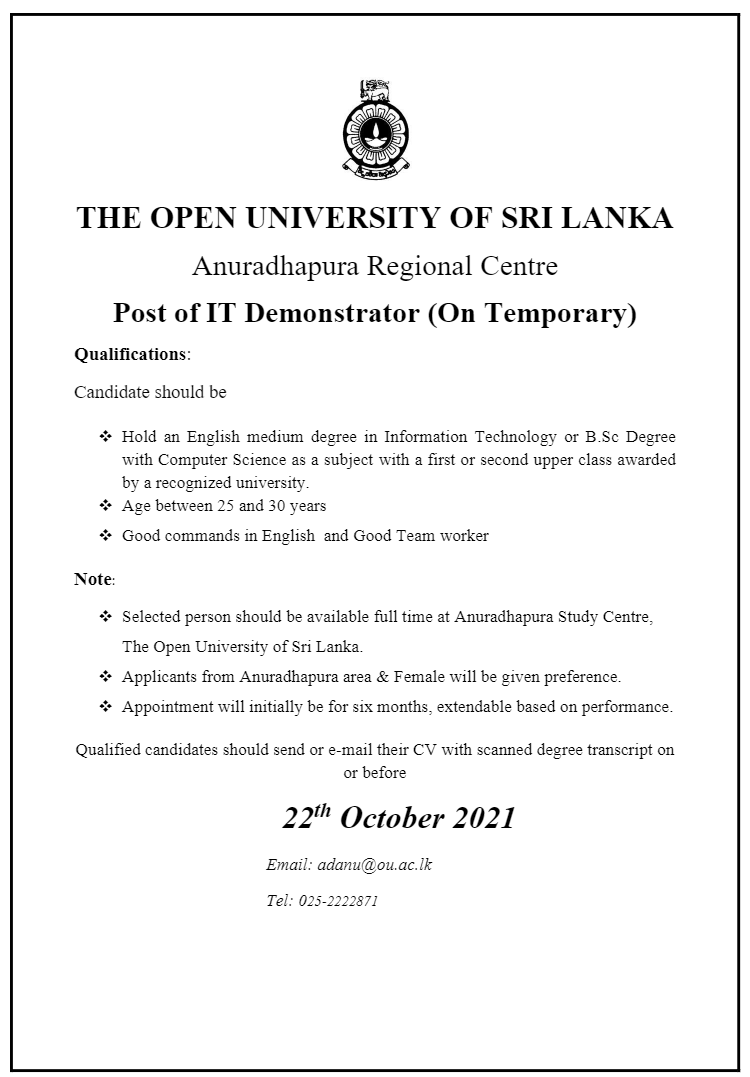 Project Assistant, Demonstrator - The Open University of Sri Lanka